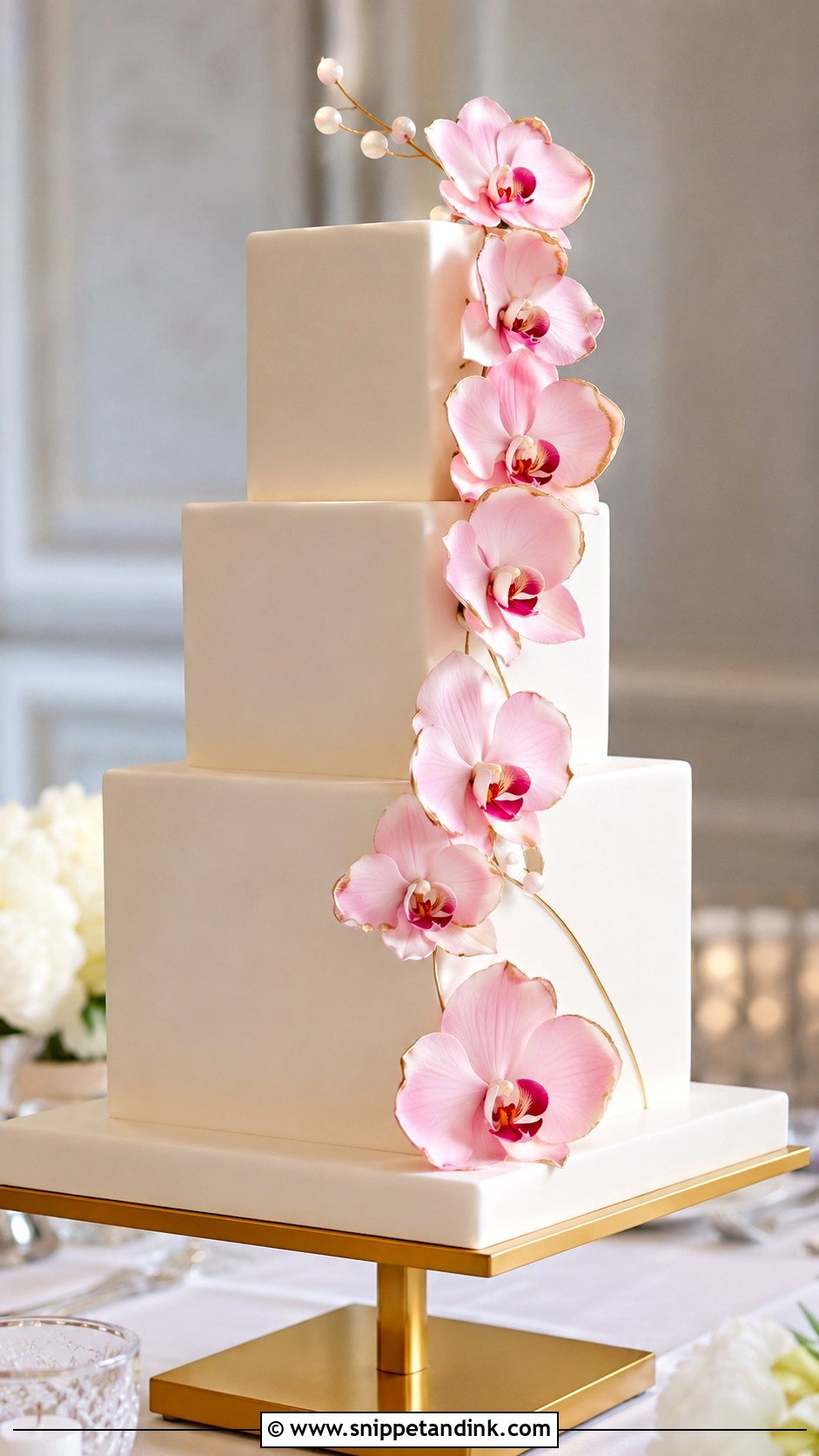 Pink Orchid Fondant Wedding Cake - Snippet and Ink - 35 Pink Orchid Wedding Cake Ideas