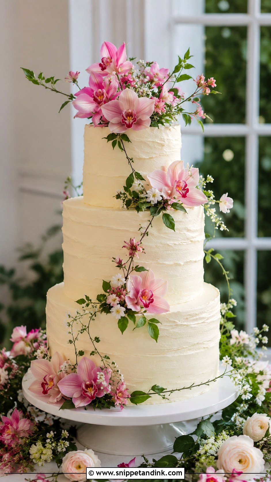 Pink Orchid Garden Wedding Cake - Snippet and Ink - 35 Pink Orchid Wedding Cake Ideas