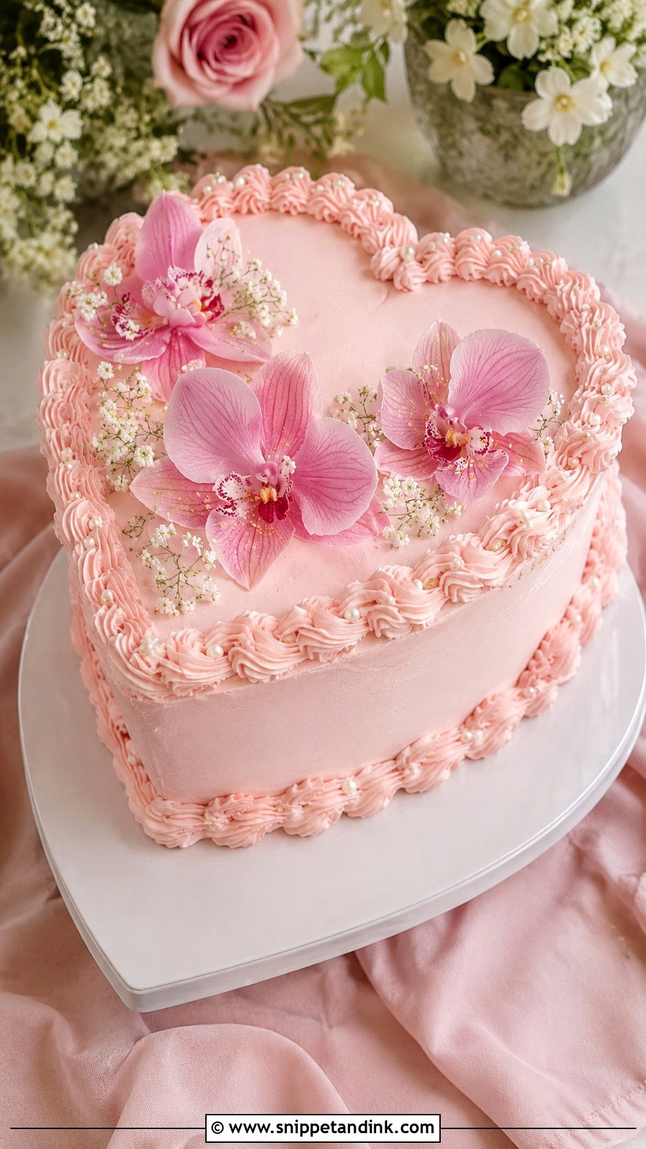 Pink Orchid Heart Wedding Cake - Snippet and Ink - 35 Pink Orchid Wedding Cake Ideas