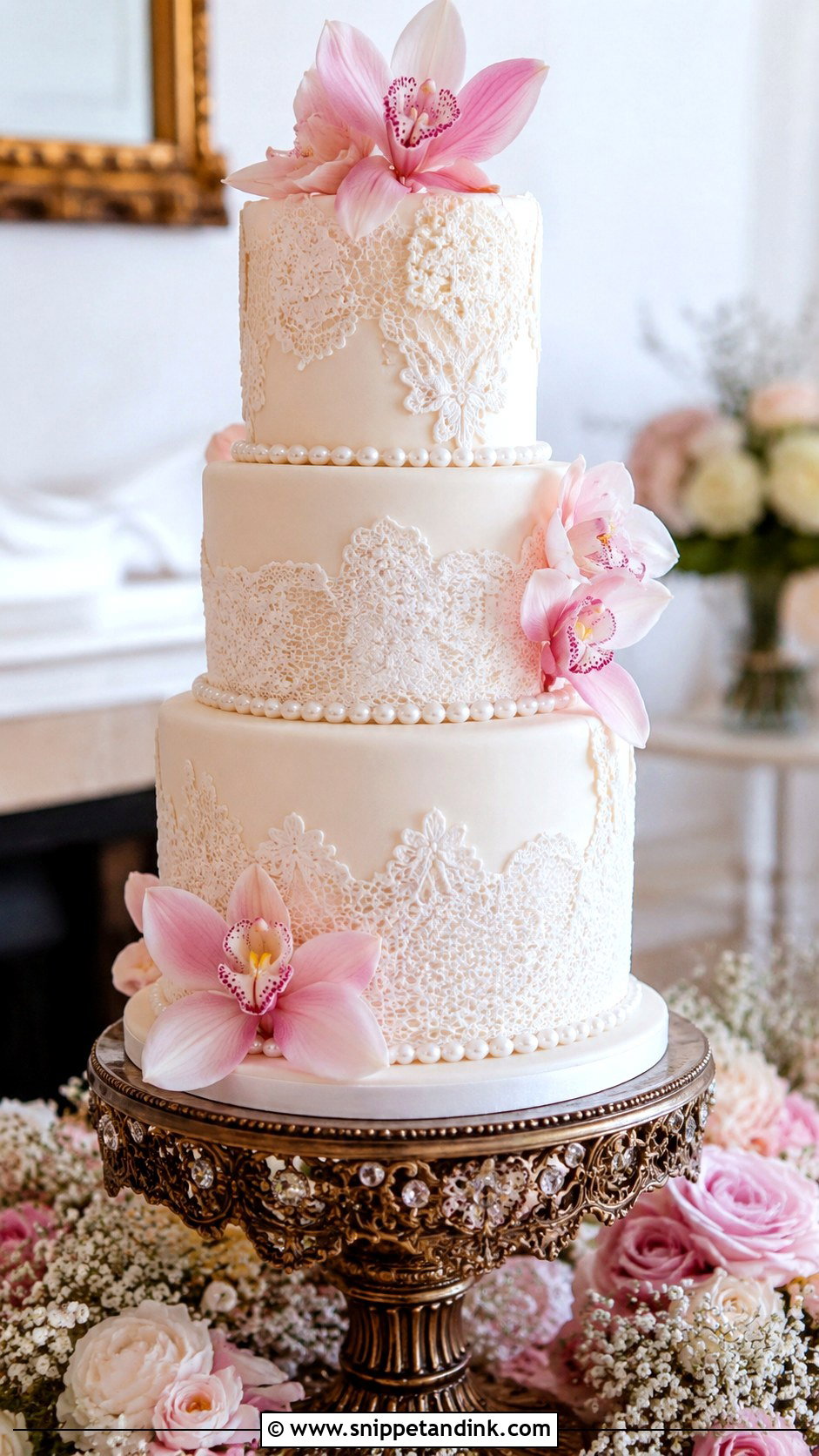 Pink Orchid Lace Wedding Cake - Snippet and Ink - 35 Pink Orchid Wedding Cake Ideas