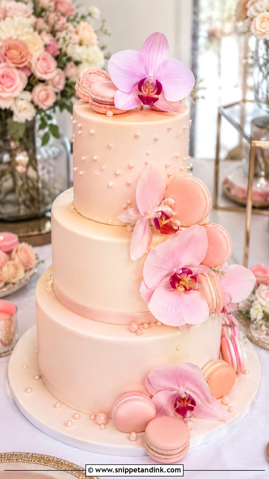 Pink Orchid Macaron Wedding Cake - Snippet and Ink - 35 Pink Orchid Wedding Cake Ideas