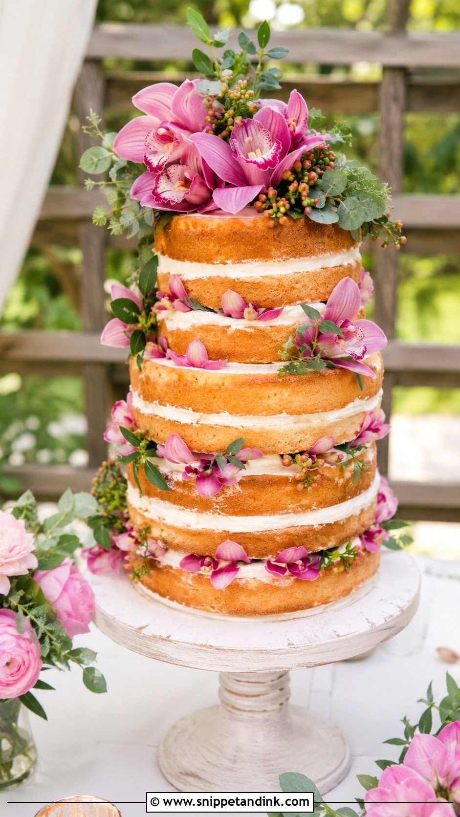 Pink Orchid Naked Wedding Cake - Snippet and Ink - 35 Pink Orchid Wedding Cake Ideas