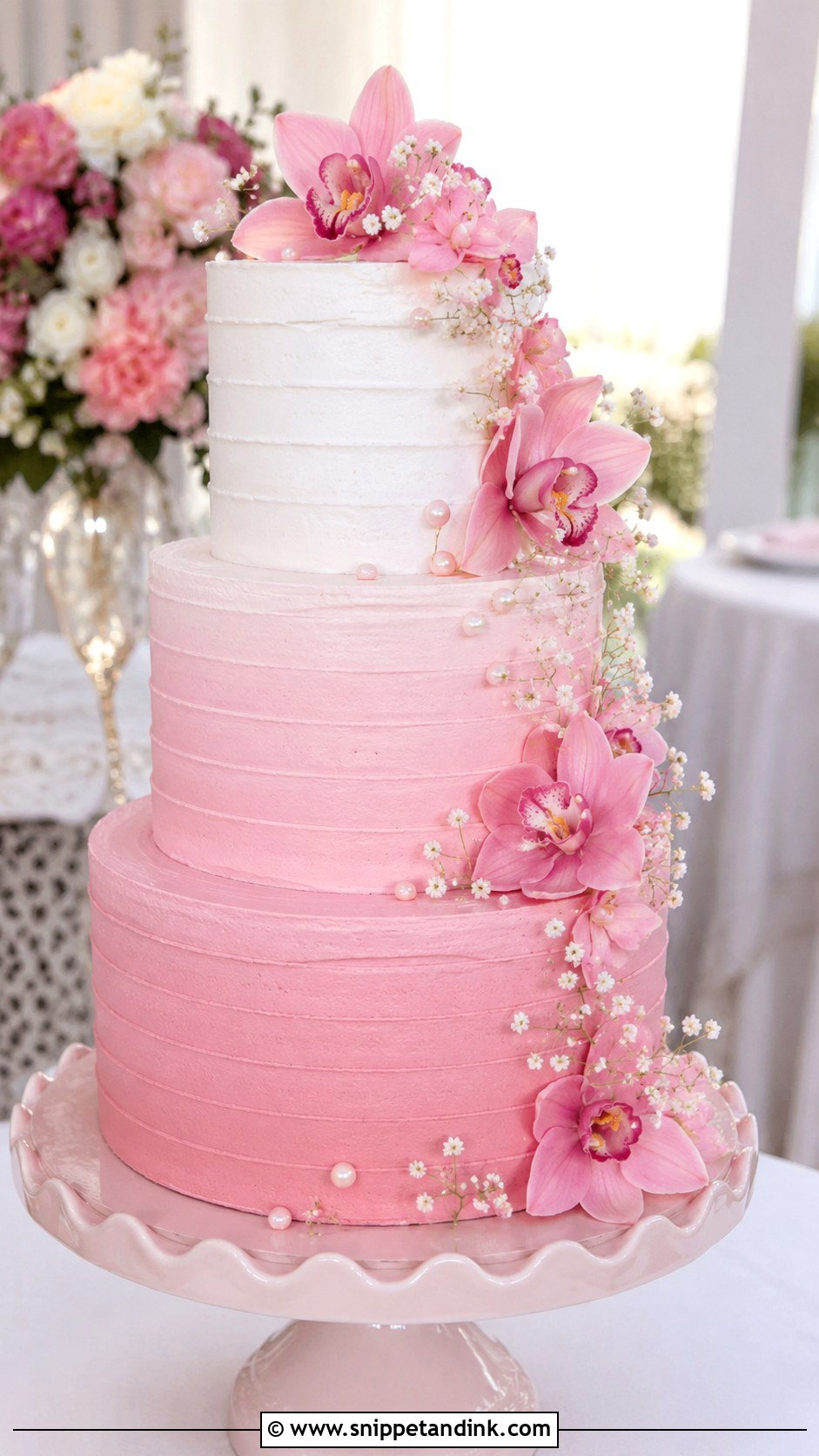 Pink Orchid Round Wedding Cake - Snippet and Ink - 35 Pink Orchid Wedding Cake Ideas
