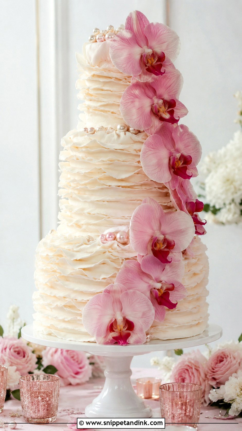 Pink Orchid Ruffle Wedding Cake - Snippet and Ink - 35 Pink Orchid Wedding Cake Ideas
