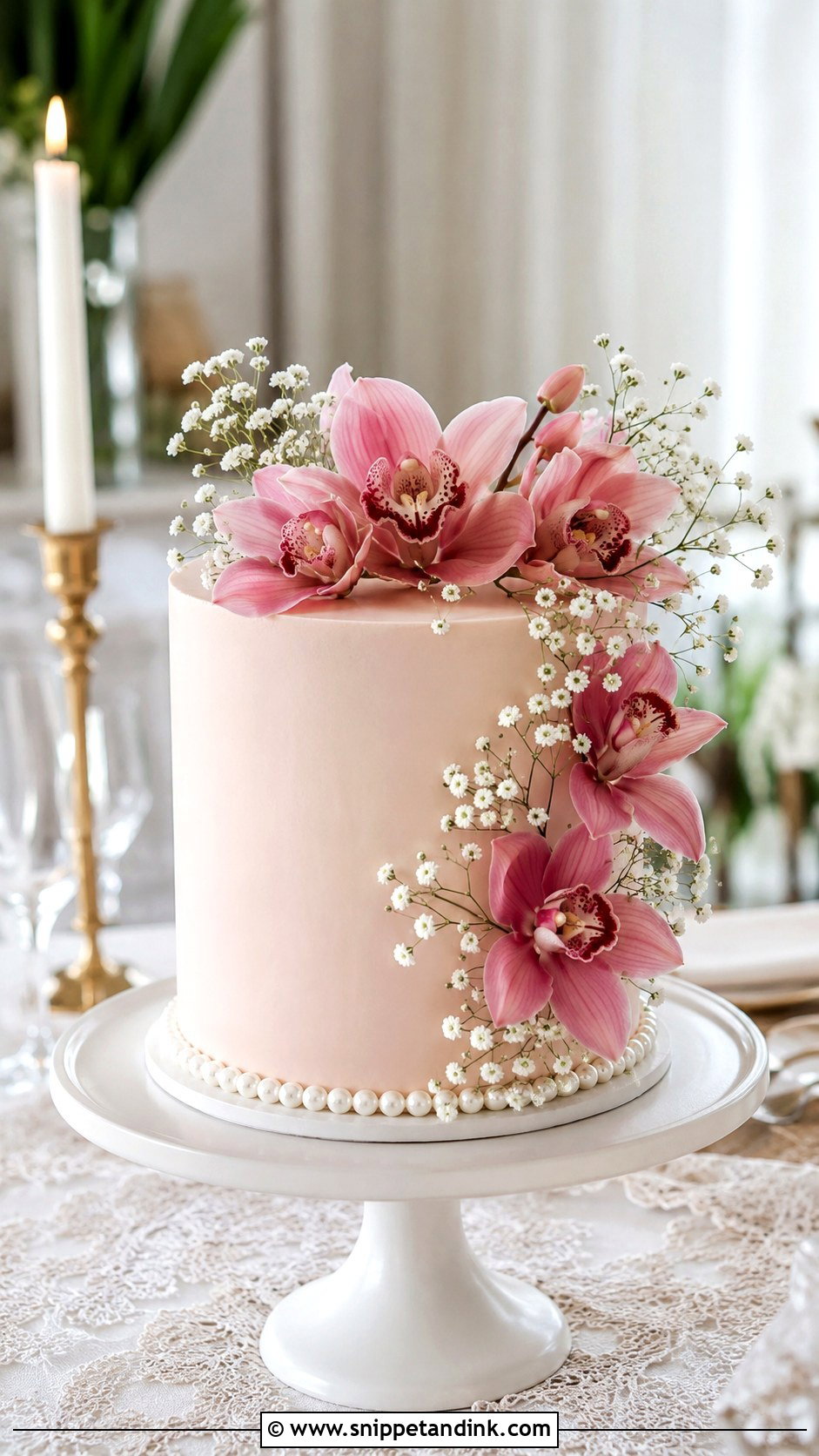 Pink Orchid Single Tier Wedding Cake - Snippet and Ink - 35 Pink Orchid Wedding Cake Ideas