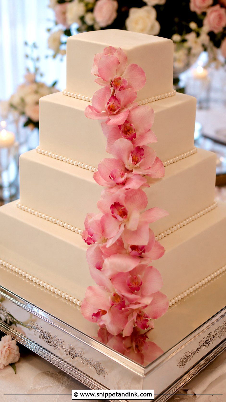 Pink Orchid Square Wedding Cake - Snippet and Ink - 35 Pink Orchid Wedding Cake Ideas