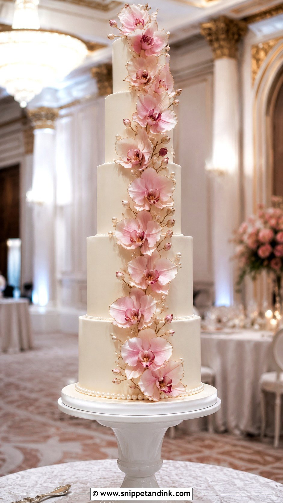 Pink Orchid Tall Wedding Cake - Snippet and Ink - 35 Pink Orchid Wedding Cake Ideas