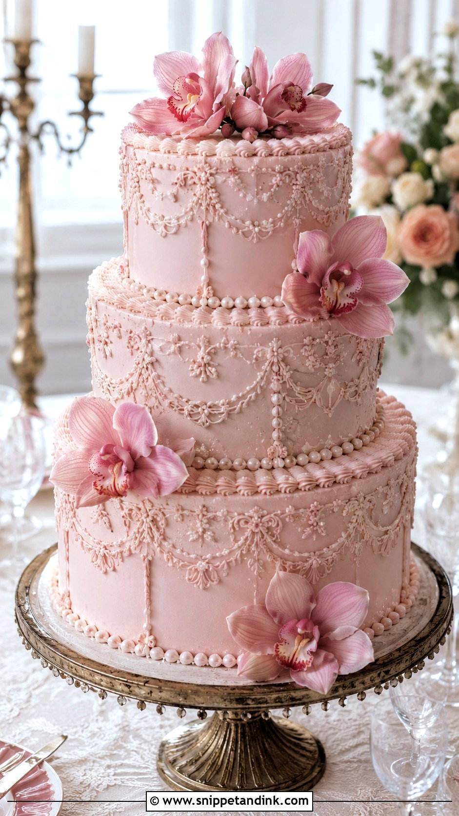 Pink Orchid Vintage Wedding Cake - Snippet and Ink - 35 Pink Orchid Wedding Cake Ideas