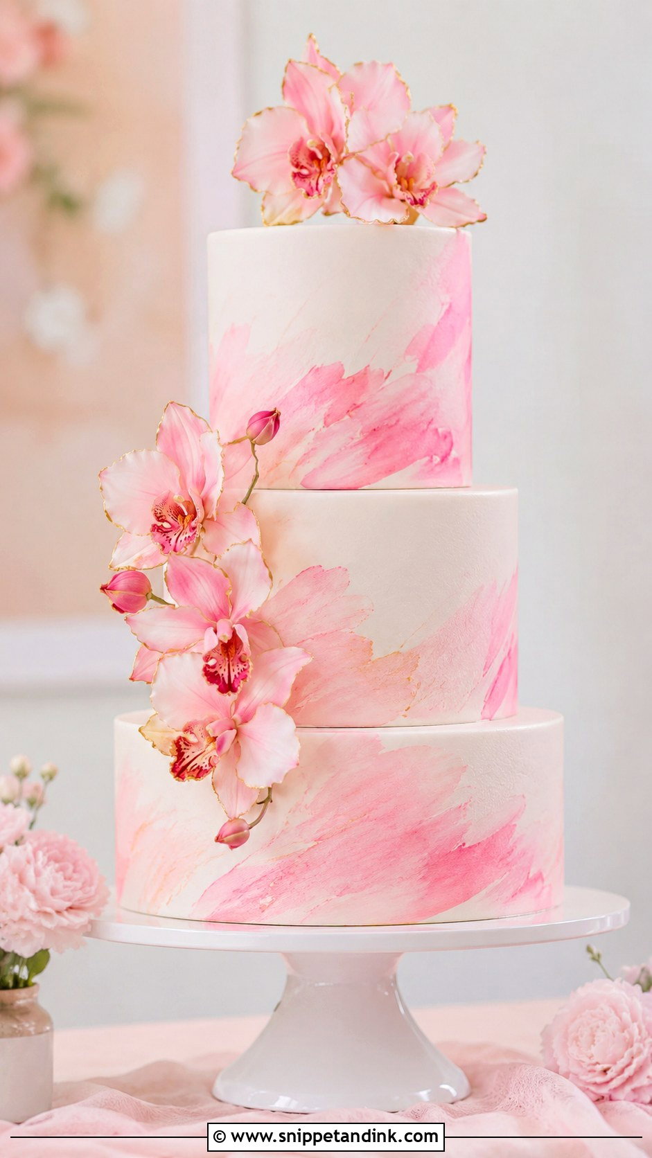 Pink Orchid Watercolor Wedding Cake - Snippet and Ink - 35 Pink Orchid Wedding Cake Ideas