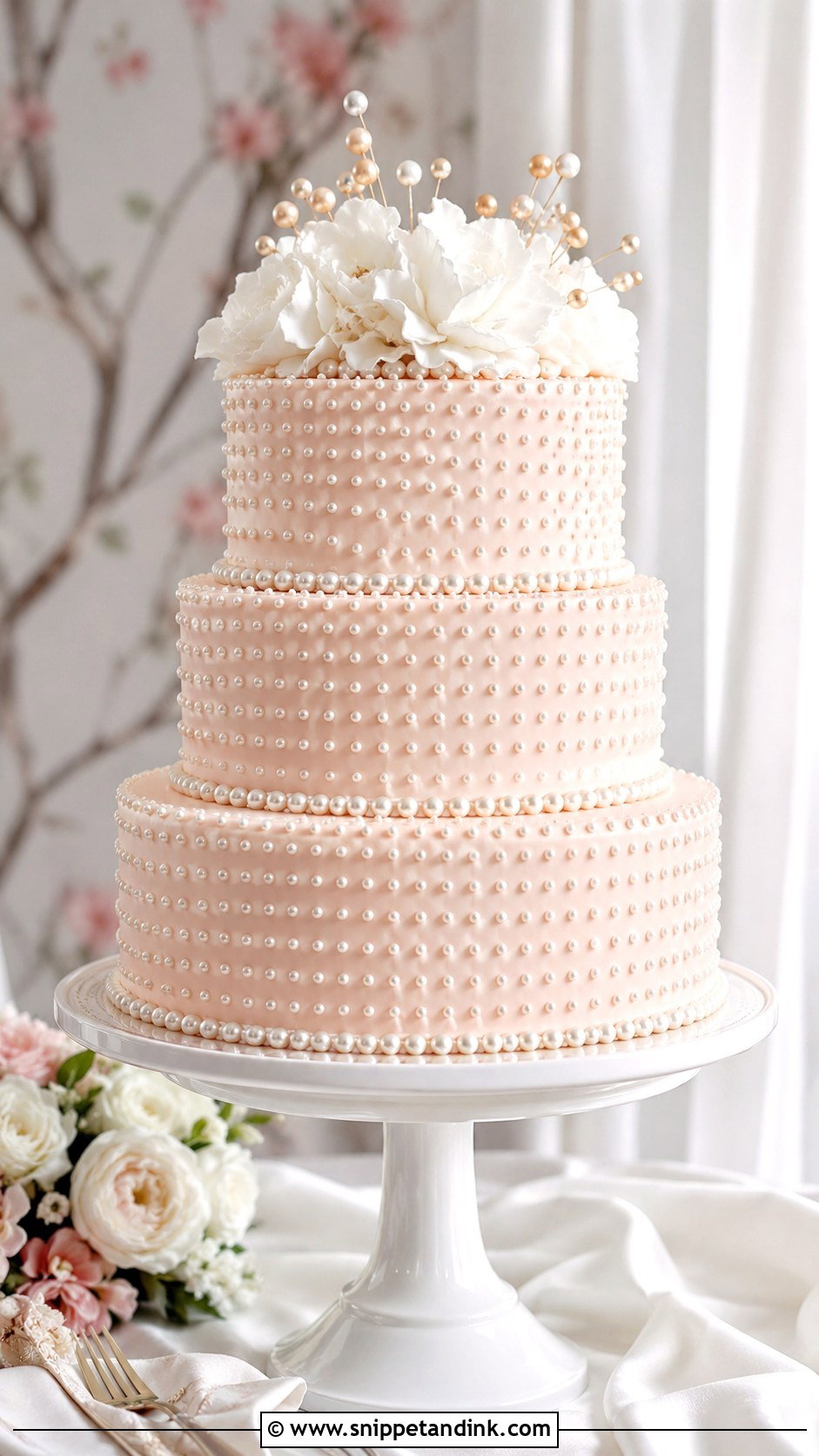 Pink Pearl Wedding Cake - Snippet and Ink - 25 Pink Themed Wedding Cake Ideas