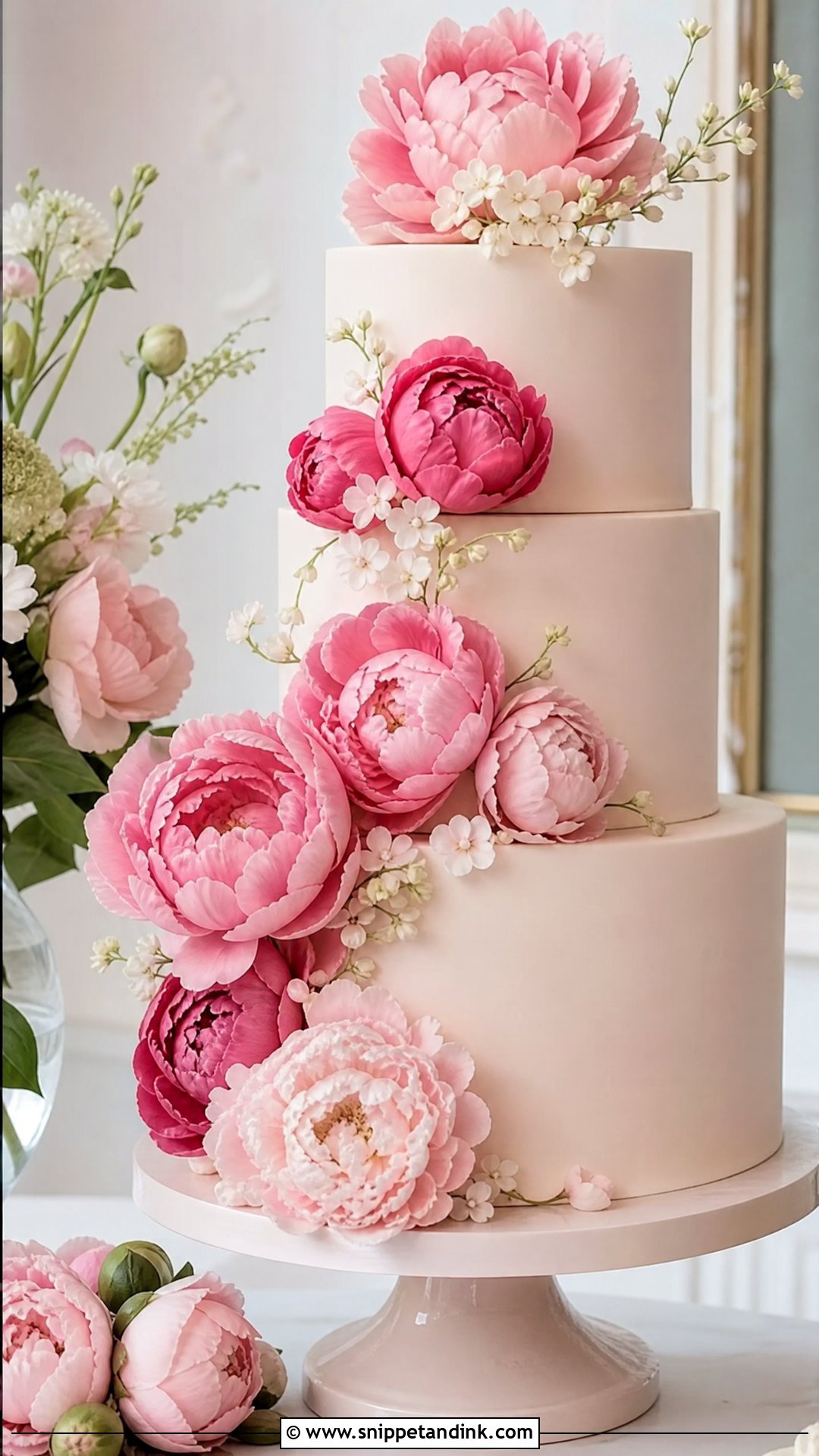 Pink Peony Wedding Cake - Snippet and Ink - 25 Peony Cake Ideas for Wedding