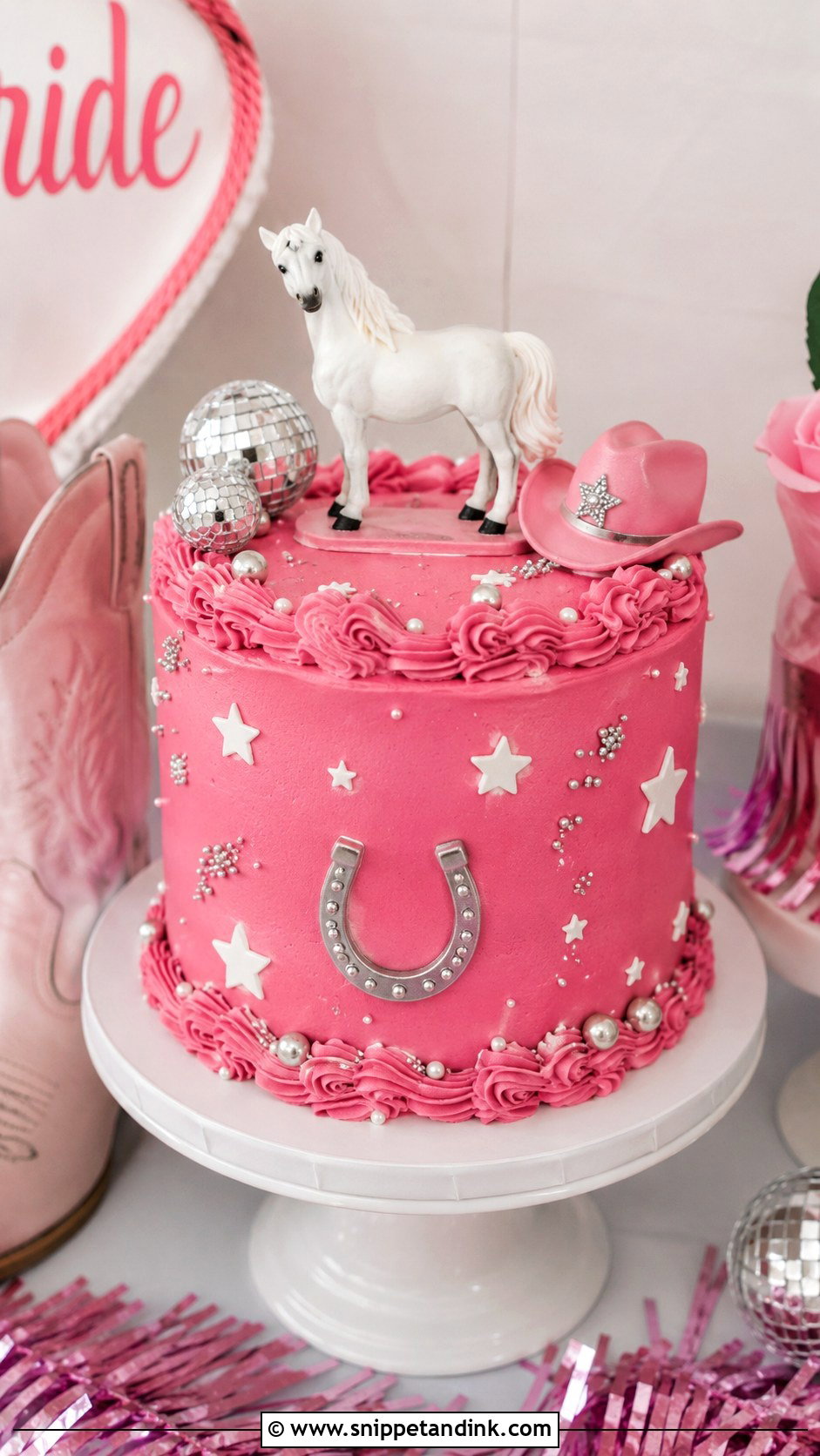 Pink Pony Cowgirl Cake - Snippet and Ink - 25 Disco Cowgirl Bachelorette Cake Ideas for Wedding