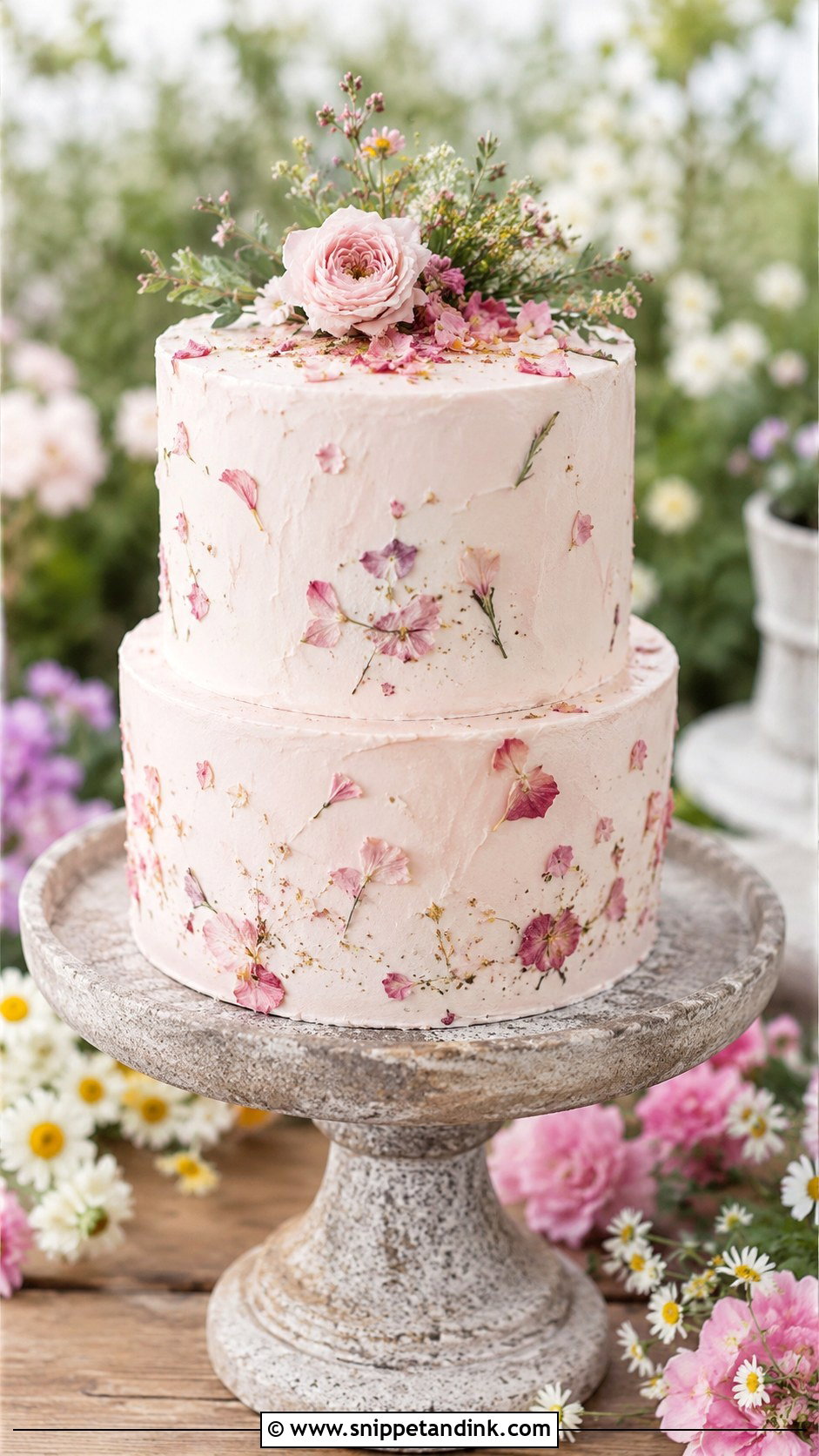 Pink Pressed Flower Wedding Cake - Snippet and Ink - 25 Pink Themed Wedding Cake Ideas