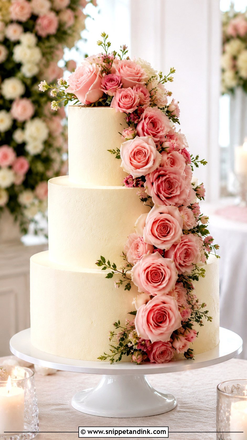 Pink Rose Cascade Wedding Cake - Snippet and Ink - 20 Pink Roses Cake Ideas for Wedding