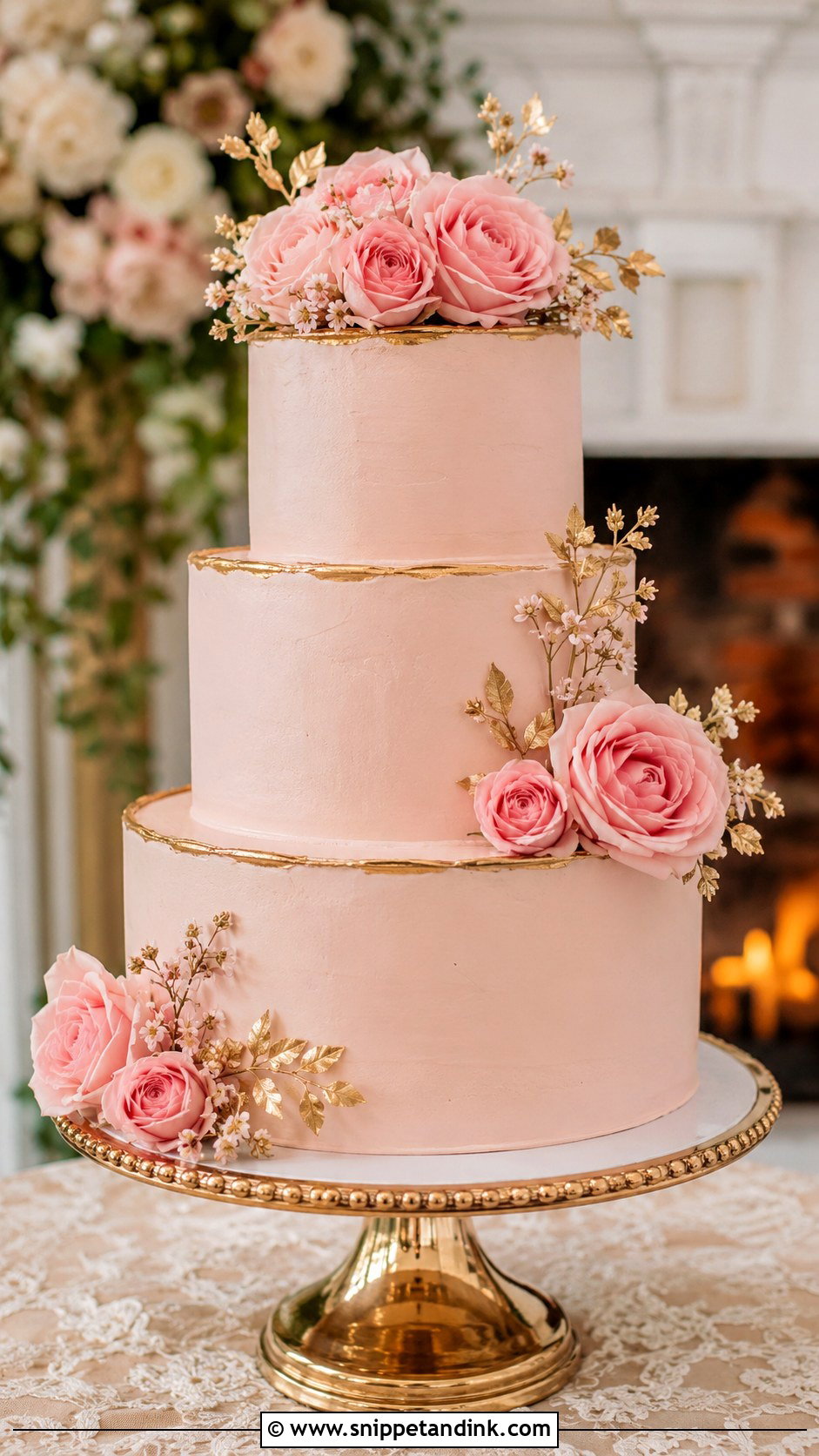 Pink Rose Gold Wedding Cake - Snippet and Ink - 20 Pink Roses Cake Ideas for Wedding