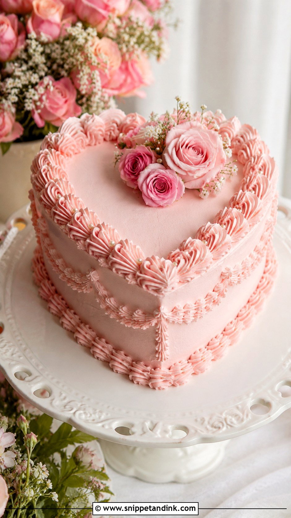 Pink Rose Heart Wedding Cake - Snippet and Ink - 20 Pink Roses Cake Ideas for Wedding
