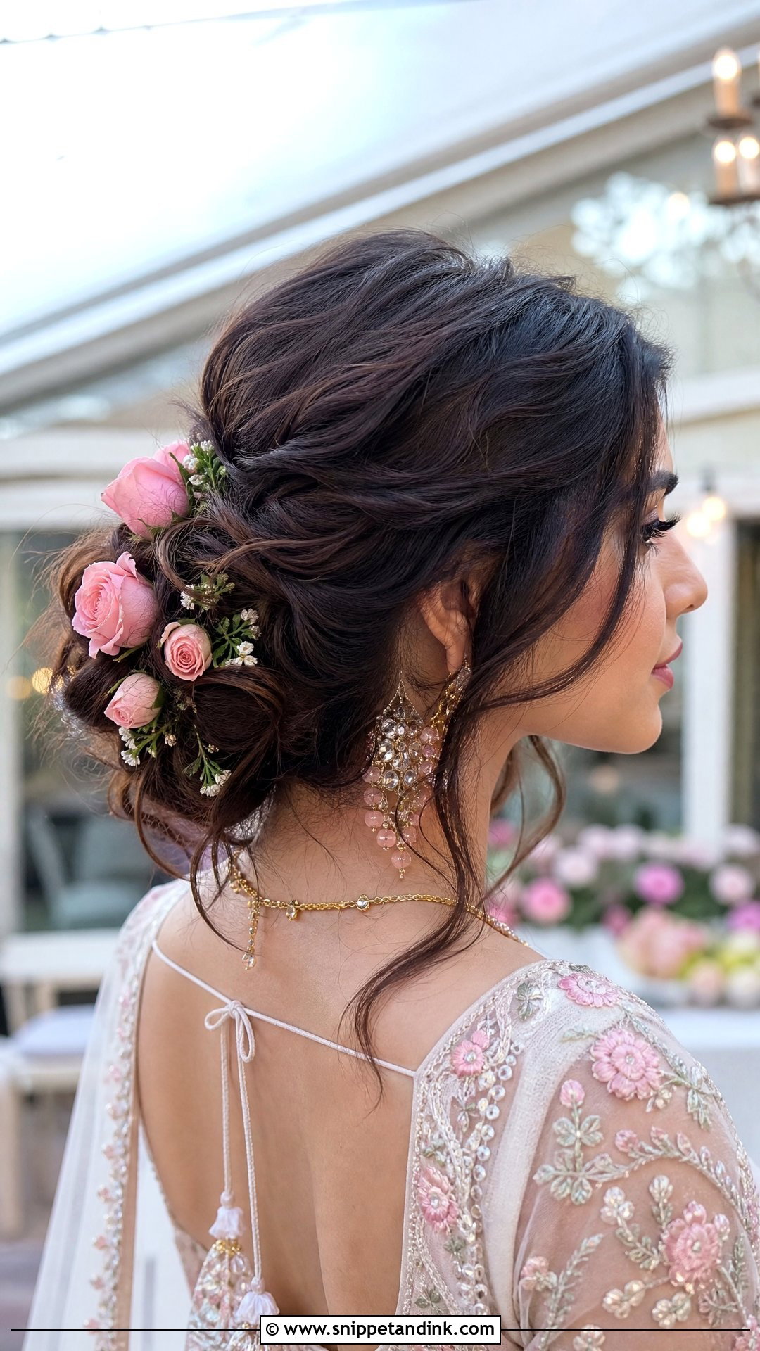 Pink Rose Messy Bun - Snippet and Ink - 20 Indian Flower Bridal Bun Hairstyles