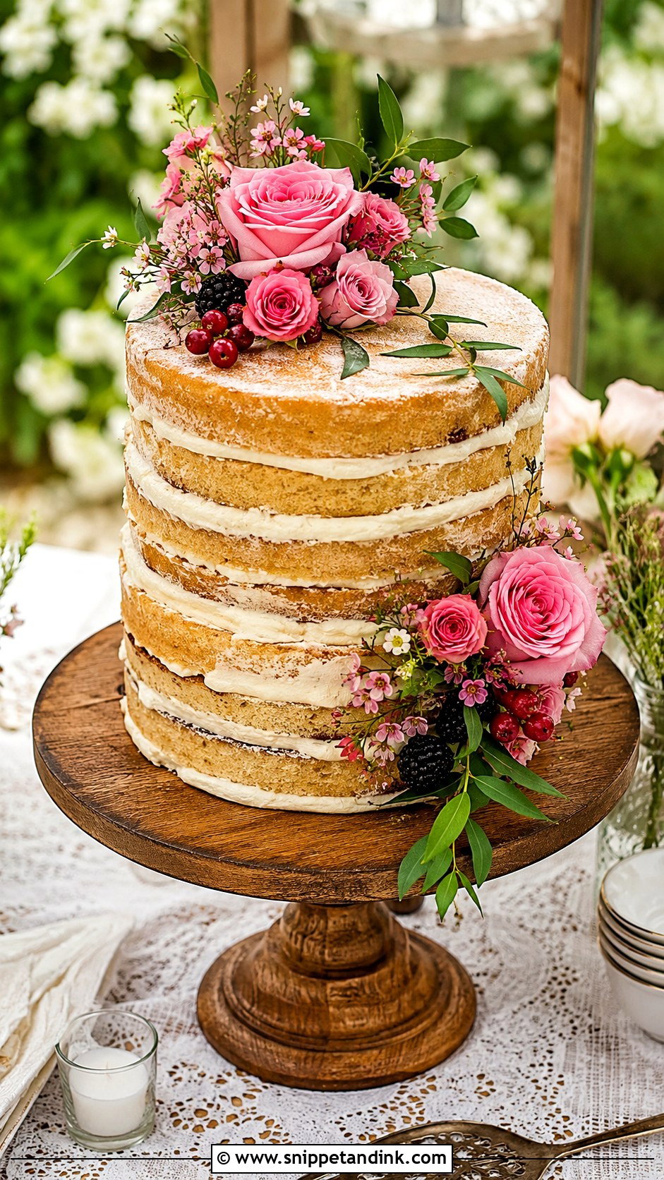 Pink Rose Naked Wedding Cake - Snippet and Ink - 20 Pink Roses Cake Ideas for Wedding