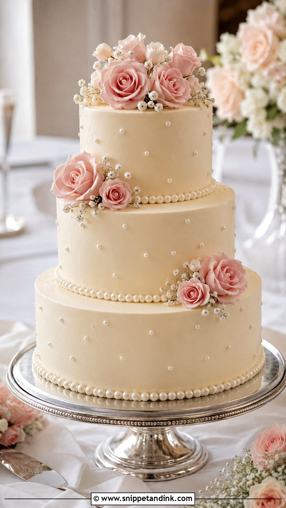 Pink Rose Pearl Wedding Cake - Snippet and Ink - 20 Pink Roses Cake Ideas for Wedding