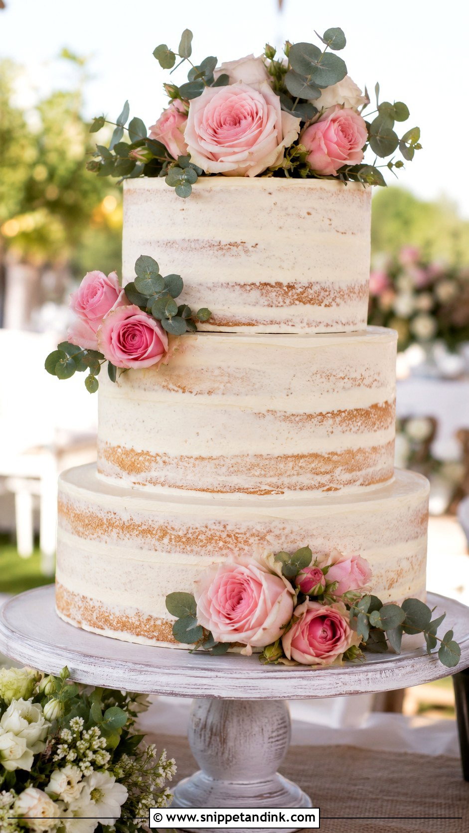 Pink Rose Semi Naked Wedding Cake - Snippet and Ink - 20 Pink Roses Cake Ideas for Wedding