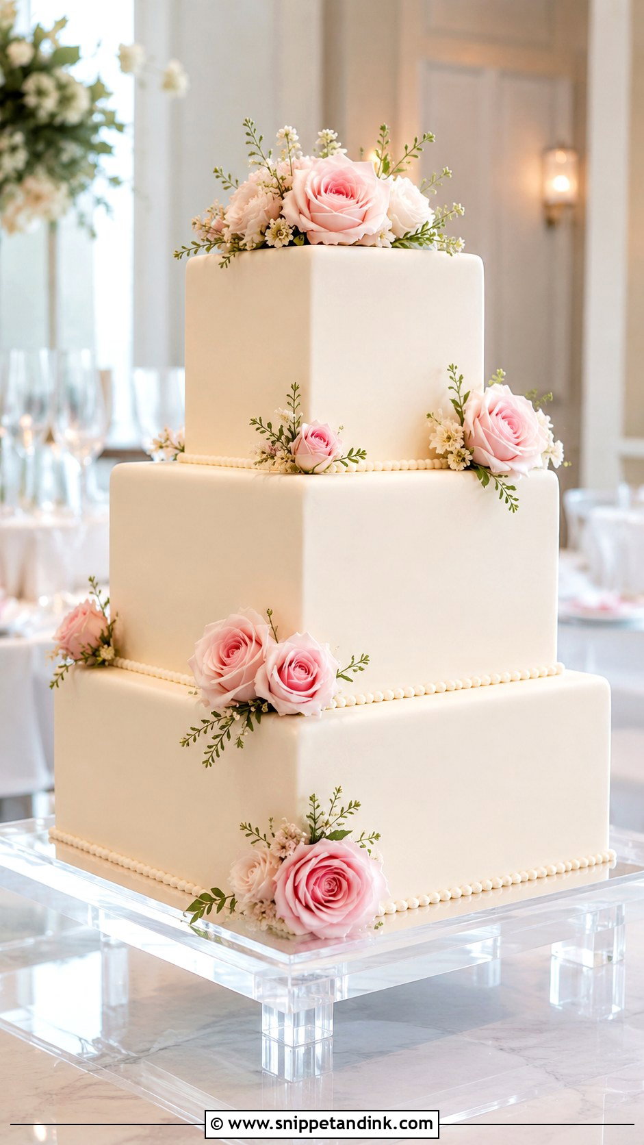 Pink Rose Square Wedding Cake - Snippet and Ink - 20 Pink Roses Cake Ideas for Wedding