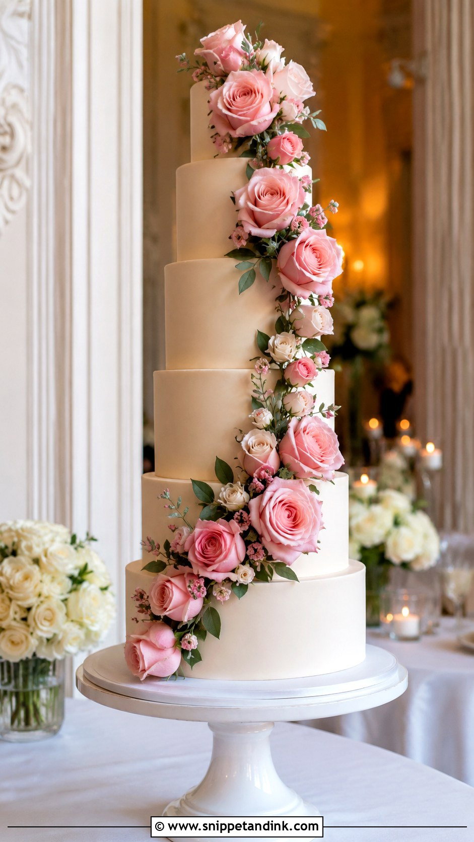 Pink Rose Tall Wedding Cake - Snippet and Ink - 20 Pink Roses Cake Ideas for Wedding