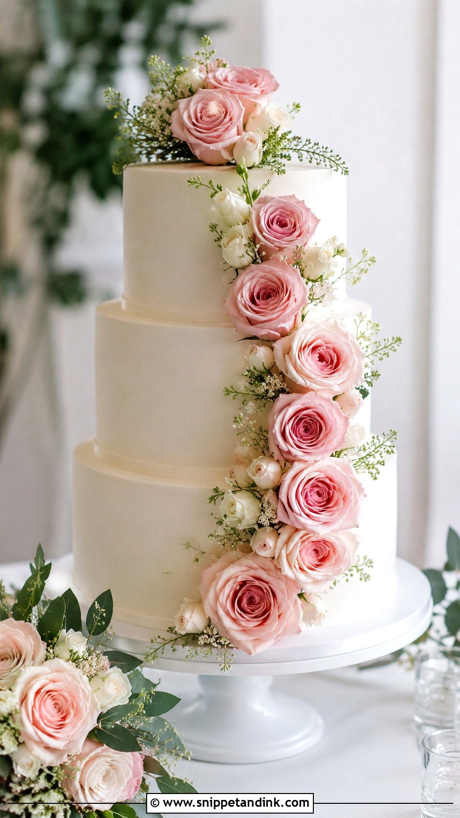 Pink Rose Three Tier Wedding Cake - Snippet and Ink - 20 Pink Roses Cake Ideas for Wedding
