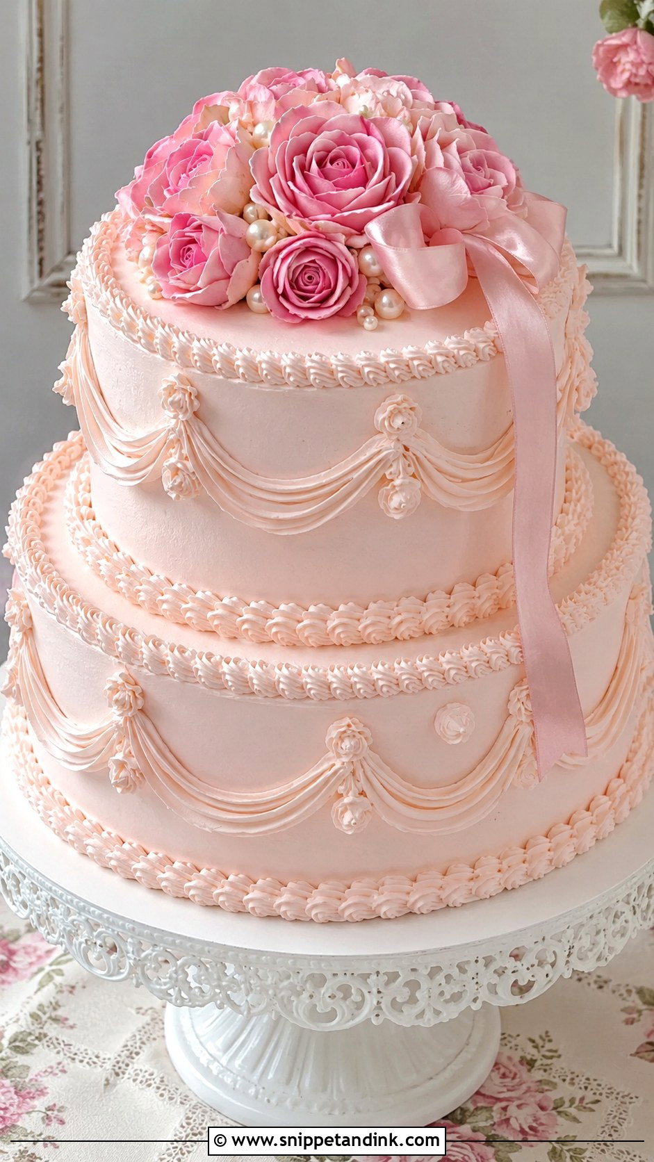 Pink Rose Vintage Wedding Cake - Snippet and Ink - 20 Pink Roses Cake Ideas for Wedding