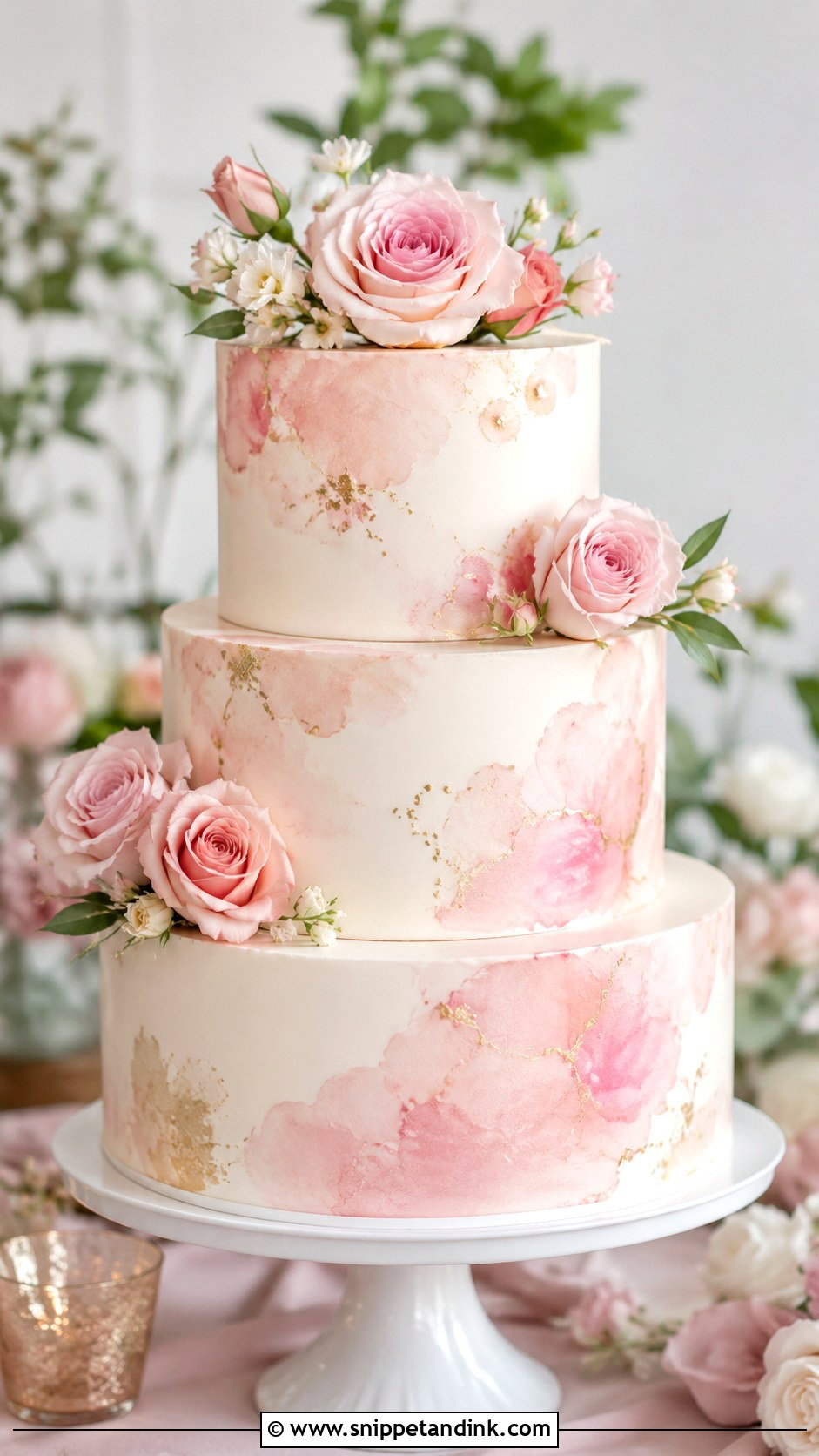 Pink Rose Watercolor Wedding Cake - Snippet and Ink - 20 Pink Roses Cake Ideas for Wedding