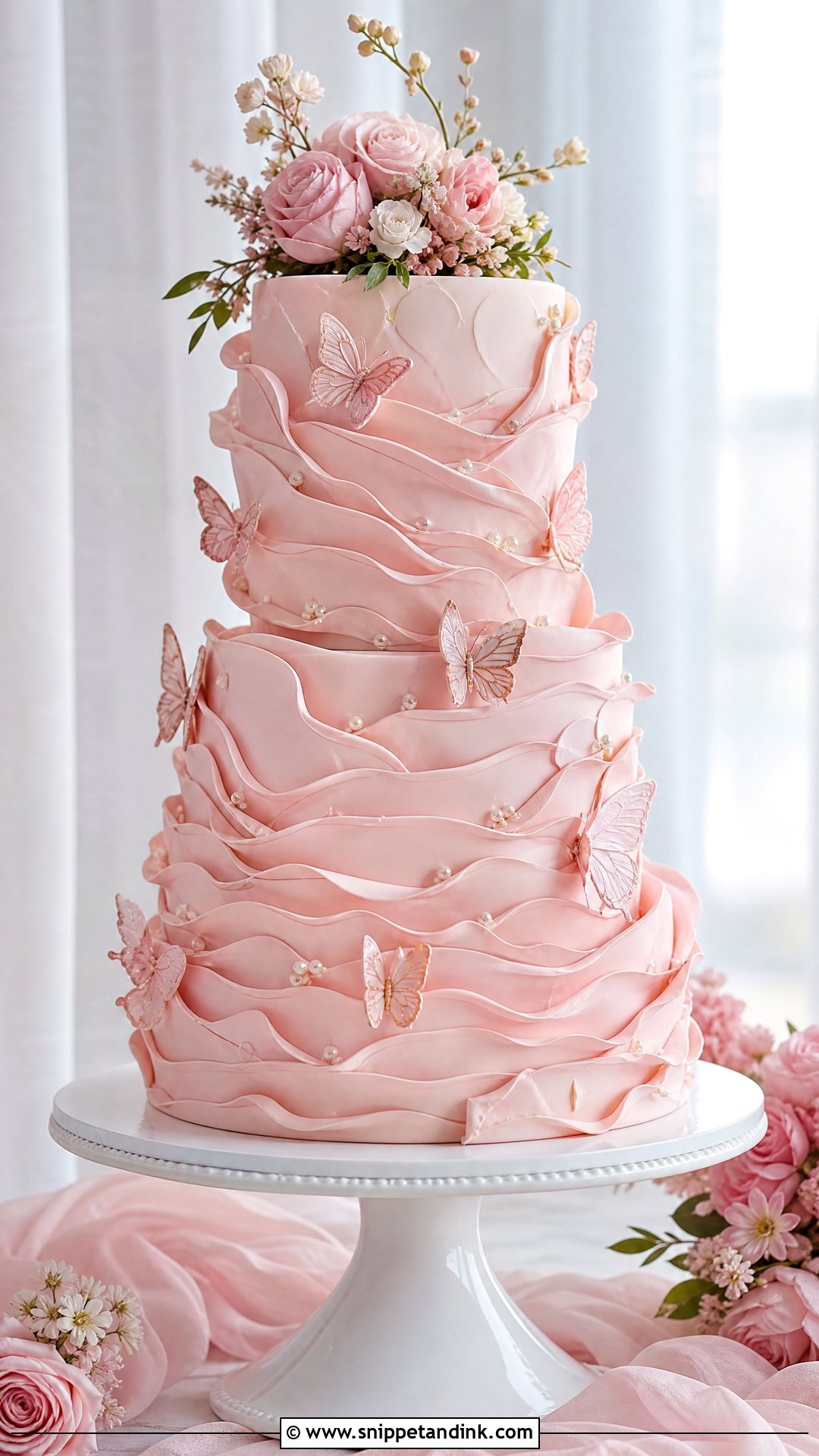 Pink Ruffle Butterfly Wedding Cake - Snippet and Ink - 20 Pink Cake Ideas with Butterflies for Wedding