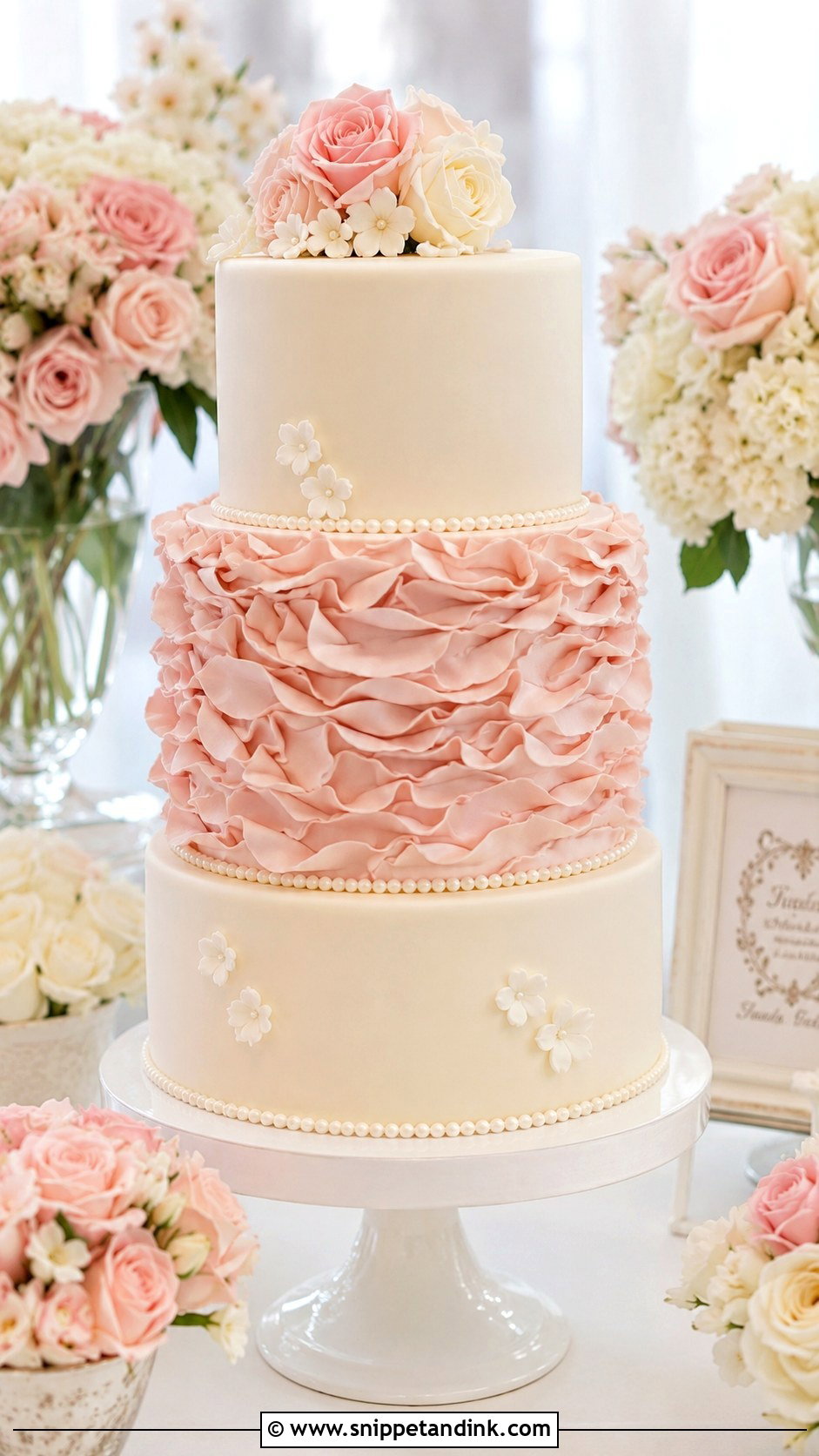 Pink Ruffle Wedding Cake - Snippet and Ink - 20 Wedding Cake Ideas with Pink Accents