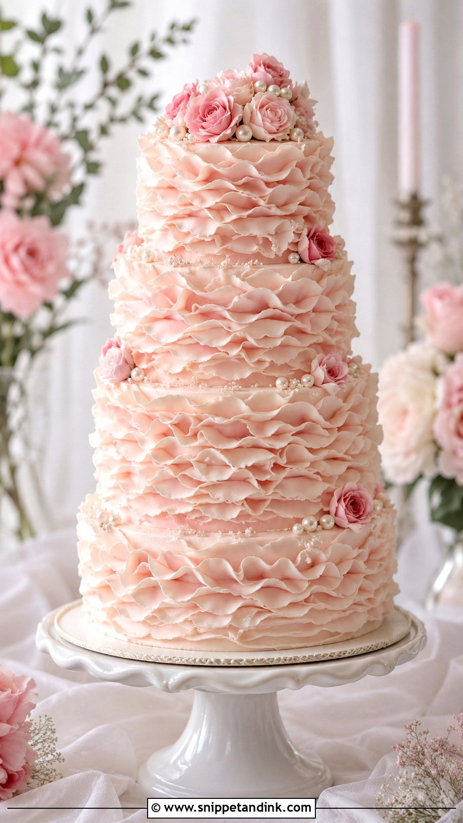 Pink Ruffle Wedding Cake - Snippet and Ink - 25 Pink Themed Wedding Cake Ideas