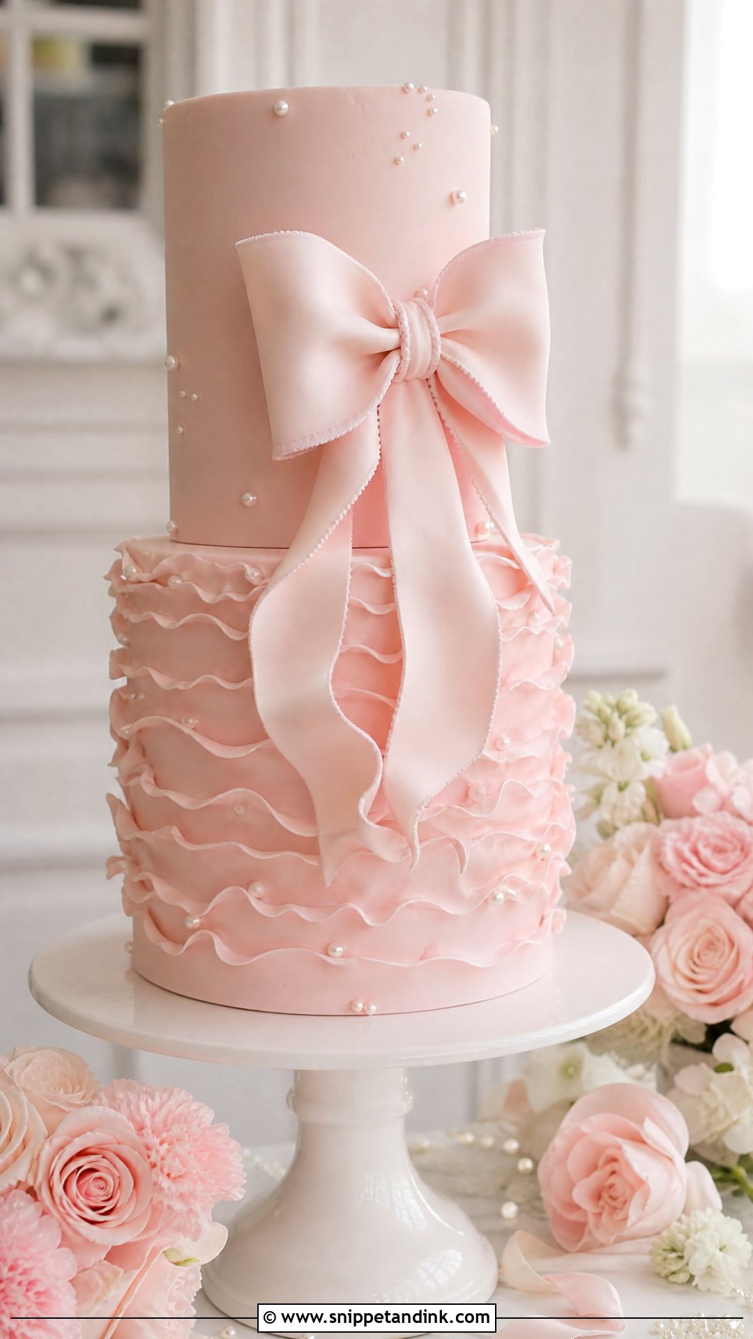 Pink Ruffle Wedding Cake With Bow - Snippet and Ink - 20 Pink Ruffle Cake Ideas for Wedding