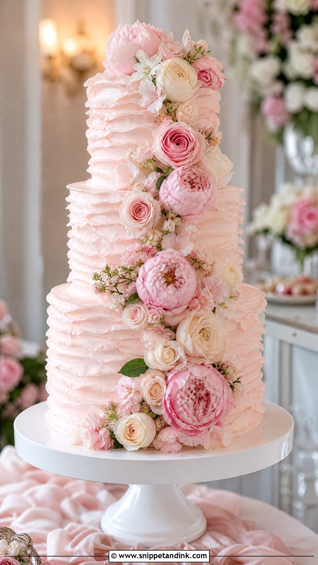 Pink Ruffle Wedding Cake With Cascading Flowers - Snippet and Ink - 20 Pink Ruffle Cake Ideas for Wedding