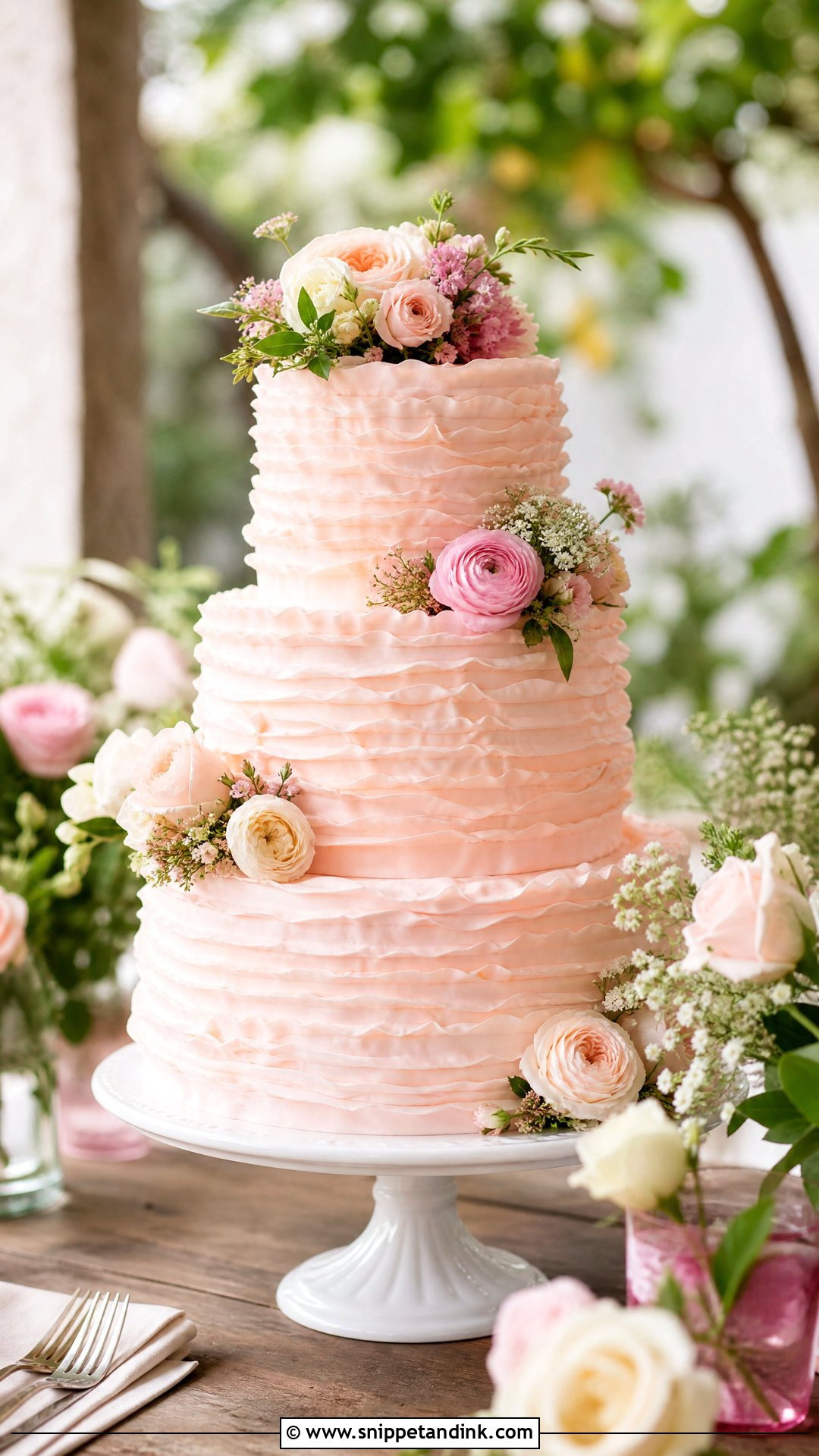 Pink Ruffle Wedding Cake With Fresh Flowers - Snippet and Ink - 20 Pink Ruffle Cake Ideas for Wedding