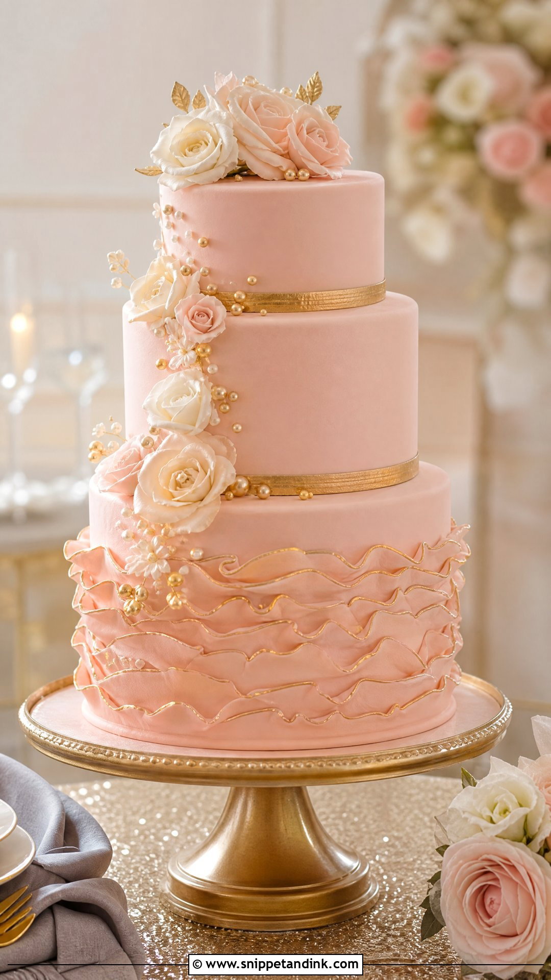 Pink Ruffle Wedding Cake With Gold - Snippet and Ink - 20 Pink Ruffle Cake Ideas for Wedding