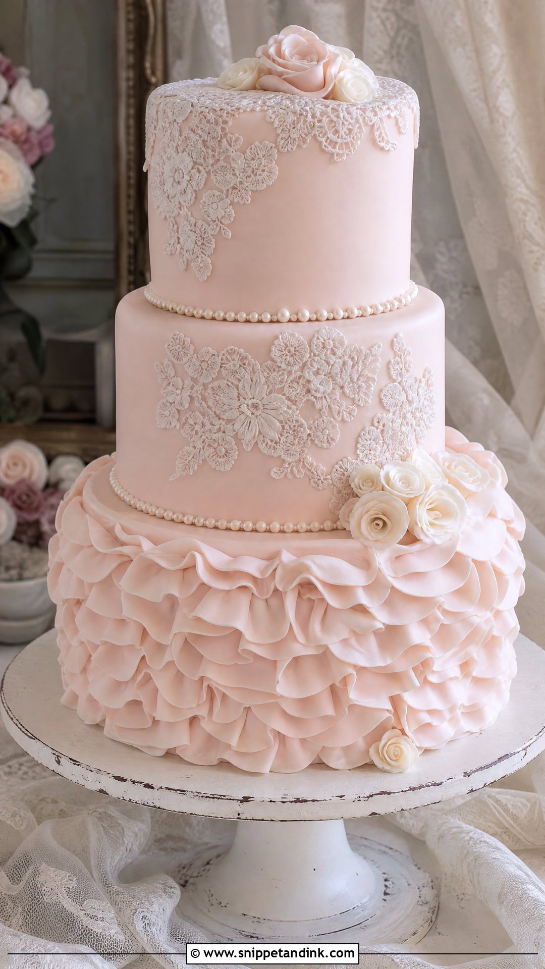 Pink Ruffle Wedding Cake With Lace - Snippet and Ink - 20 Pink Ruffle Cake Ideas for Wedding