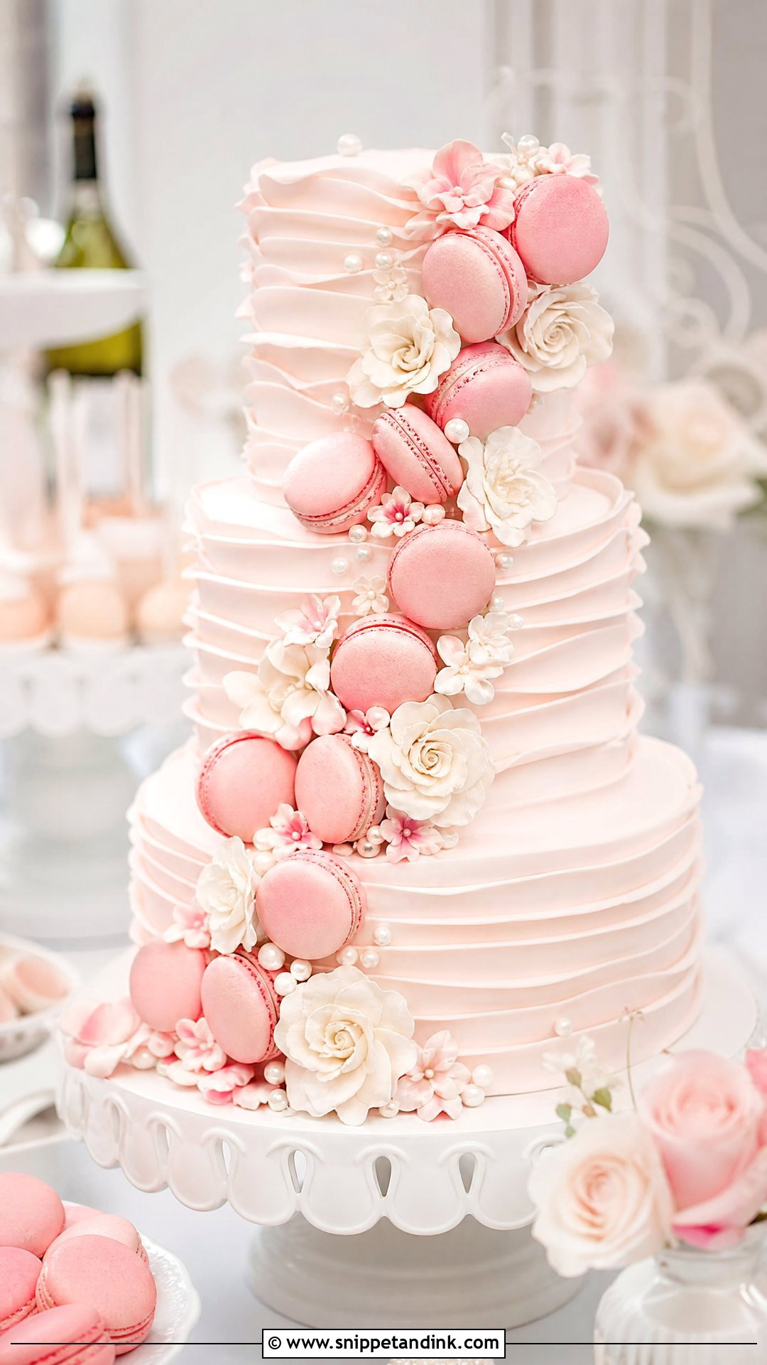 Pink Ruffle Wedding Cake With Macarons - Snippet and Ink - 20 Pink Ruffle Cake Ideas for Wedding