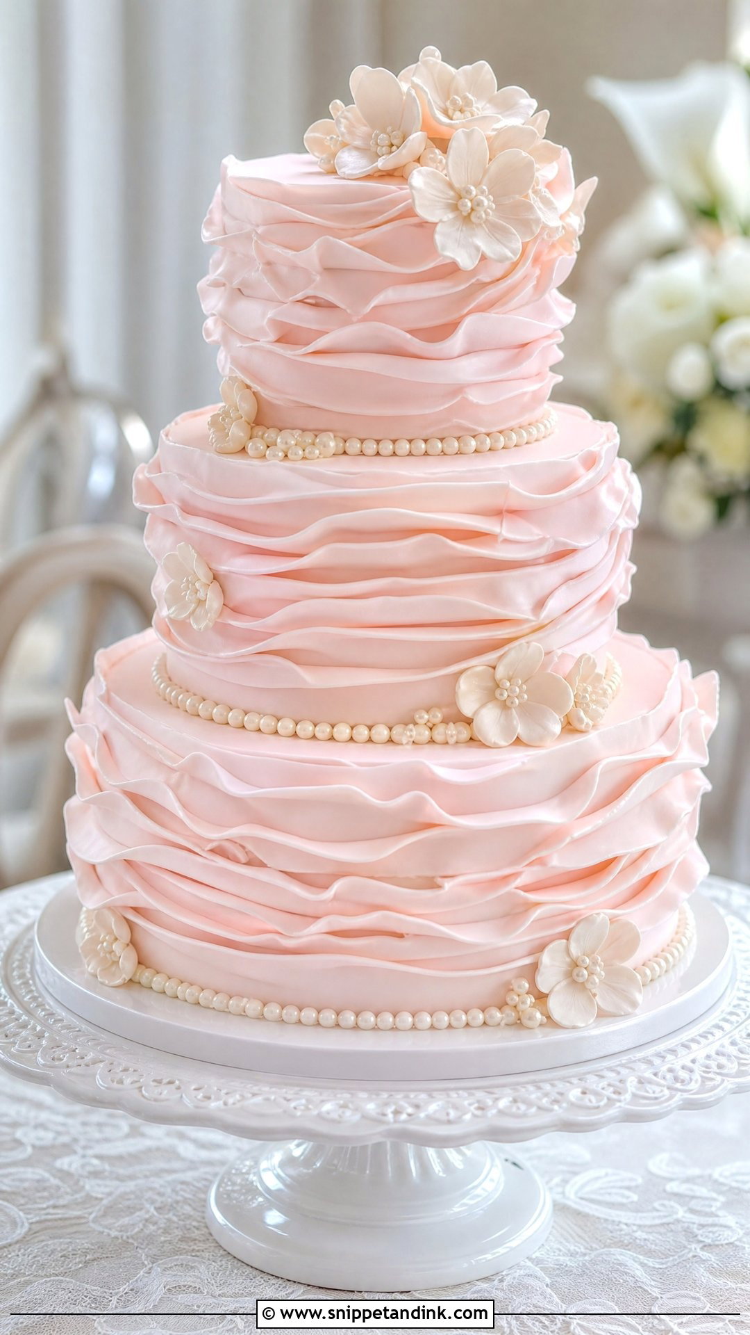 Pink Ruffle Wedding Cake With Pearls - Snippet and Ink - 20 Pink Ruffle Cake Ideas for Wedding