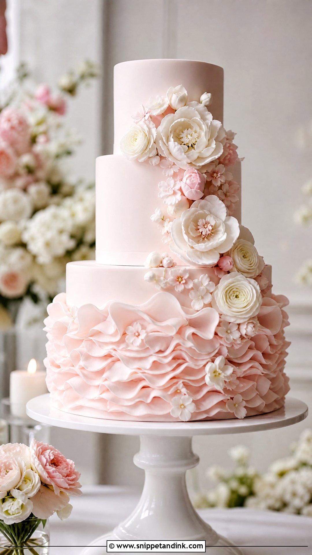 Pink Ruffle Wedding Cake With Sugar Flowers - Snippet and Ink - 20 Pink Ruffle Cake Ideas for Wedding