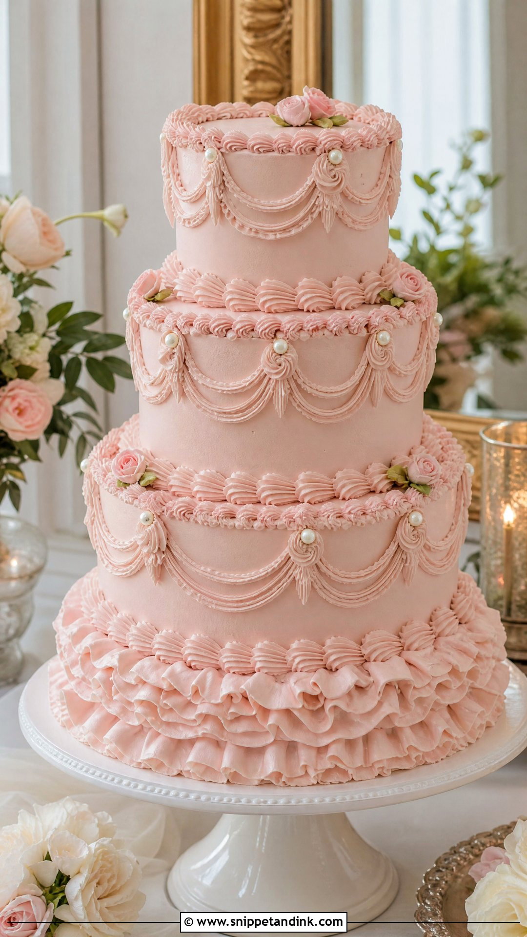 Pink Ruffle Wedding Cake With Vintage Piping - Snippet and Ink - 20 Pink Ruffle Cake Ideas for Wedding
