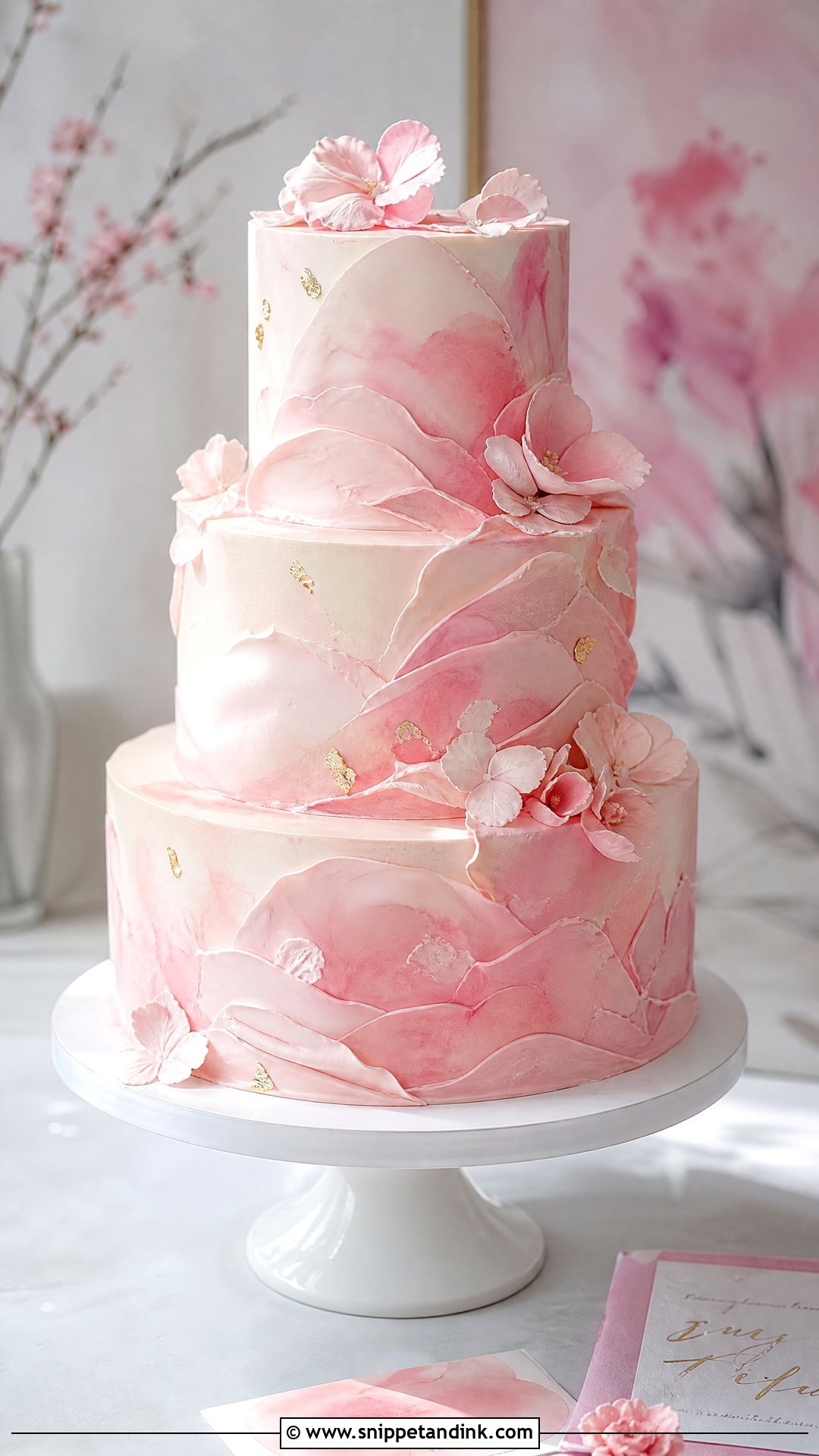 Pink Ruffle Wedding Cake With Watercolor - Snippet and Ink - 20 Pink Ruffle Cake Ideas for Wedding
