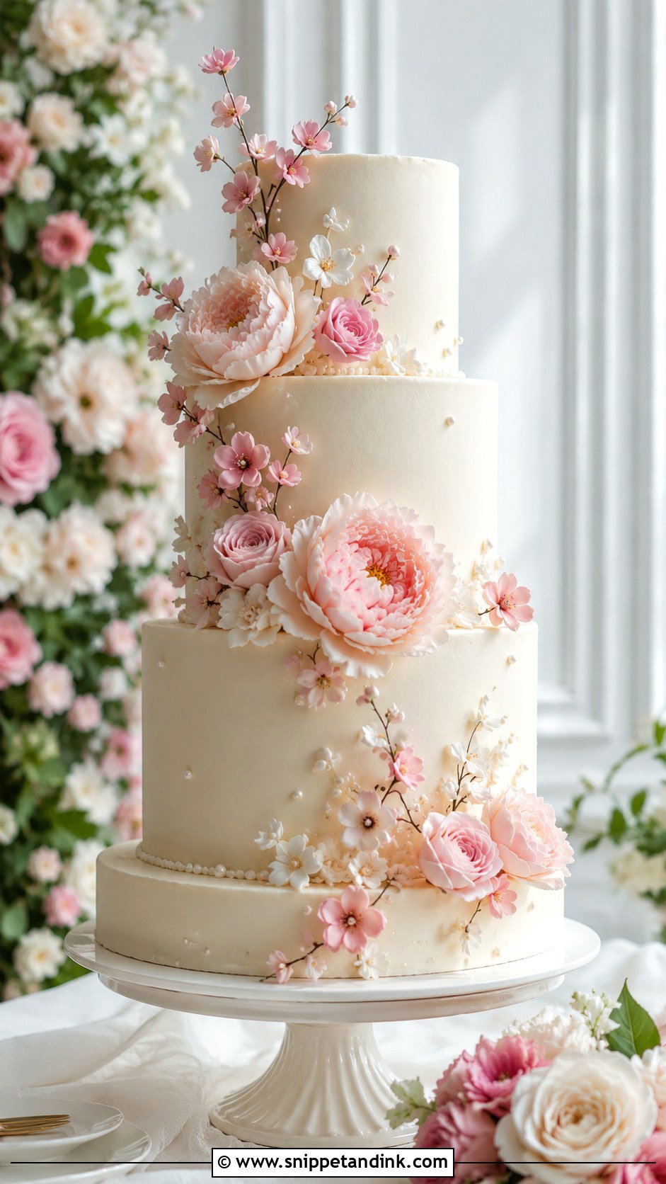 Pink Sugar Flower Wedding Cake - Snippet and Ink - 20 Wedding Cake Ideas with Pink Accents