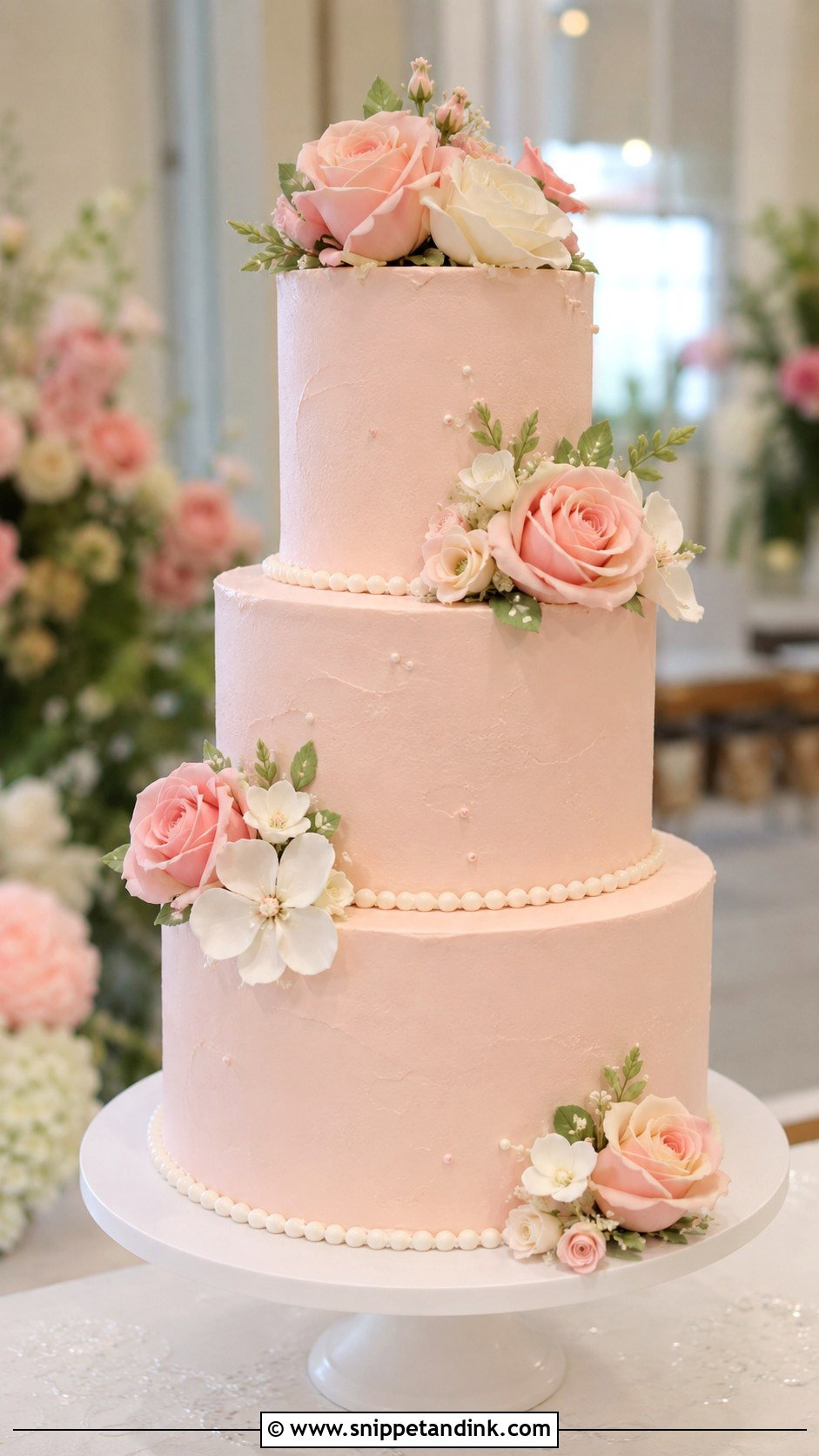 Pink Three Tier Wedding Cake - Snippet and Ink - 20 Elegant Pink Wedding Cake Ideas