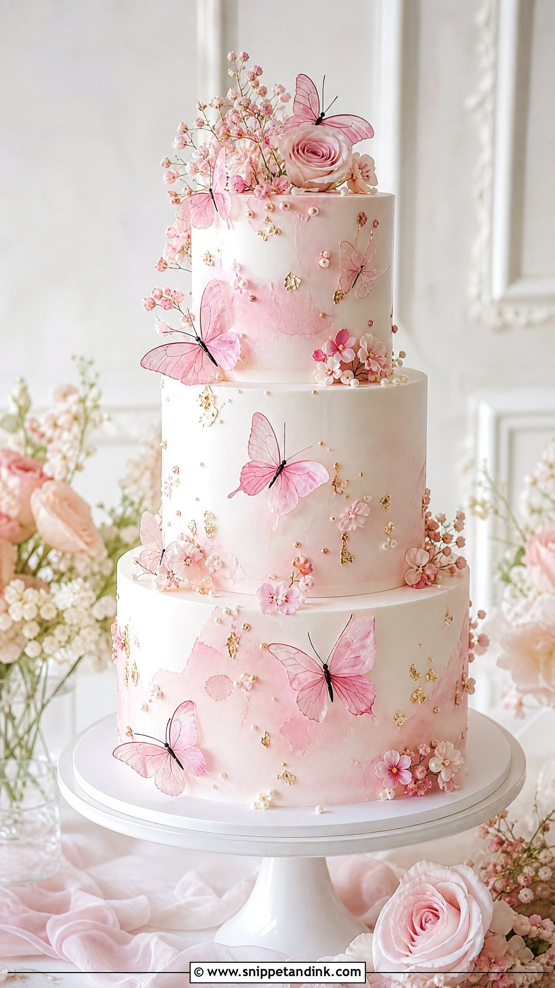 Pink Watercolor Butterfly Wedding Cake - Snippet and Ink - 20 Pink Cake Ideas with Butterflies for Wedding
