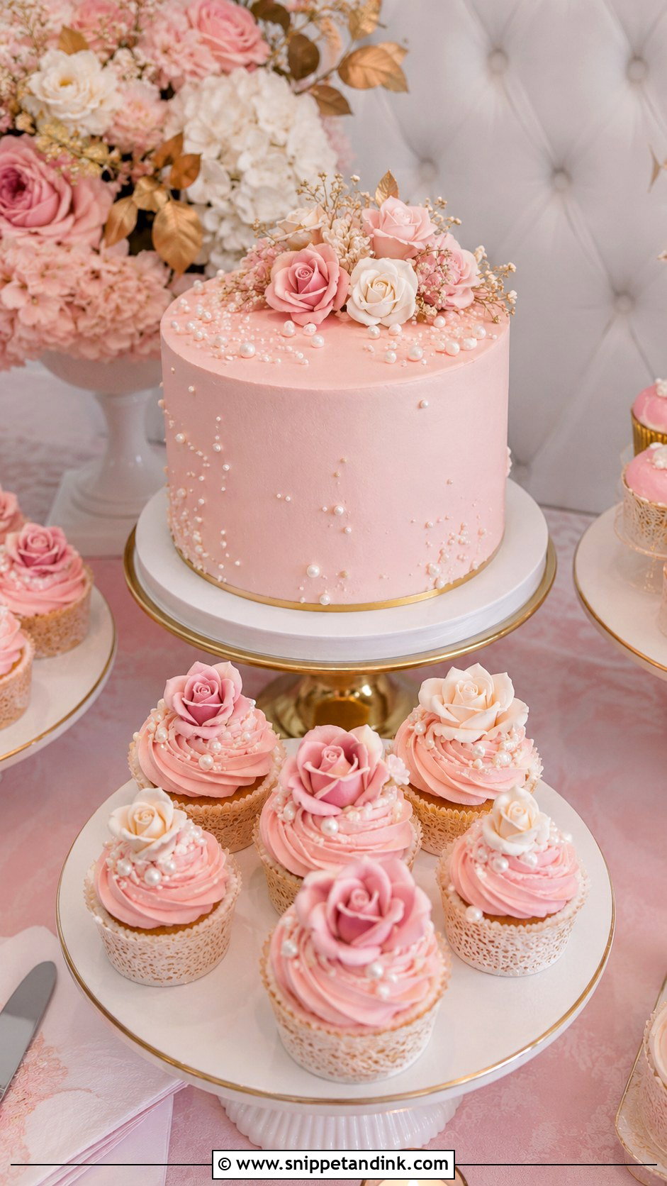 Pink Wedding Cake Table With Cupcakes - Snippet and Ink - 20 Wedding Cake Table Ideas with Cupcakes