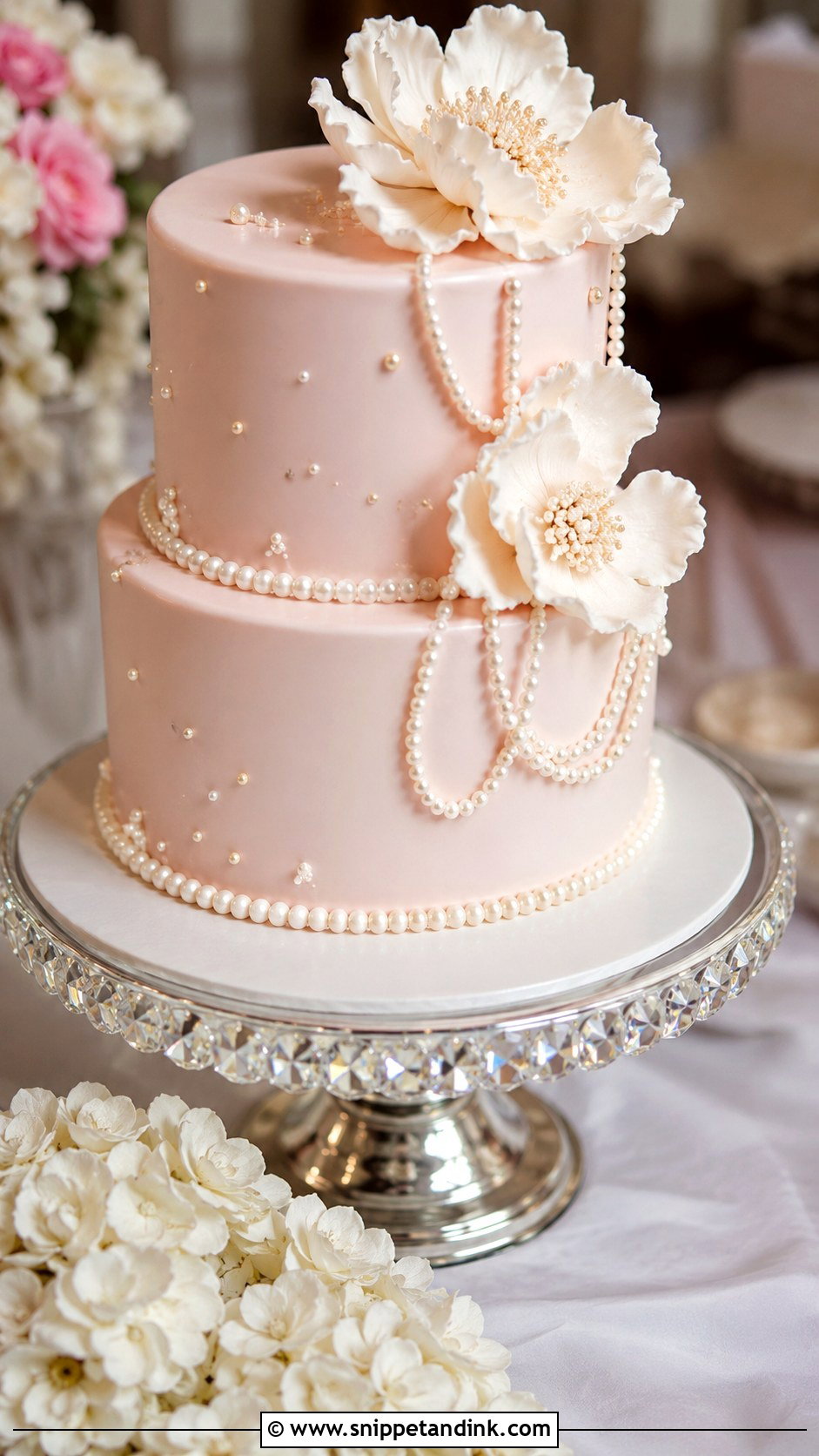 Pink Wedding Cake With Pearls - Snippet and Ink - 20 Elegant Pink Wedding Cake Ideas
