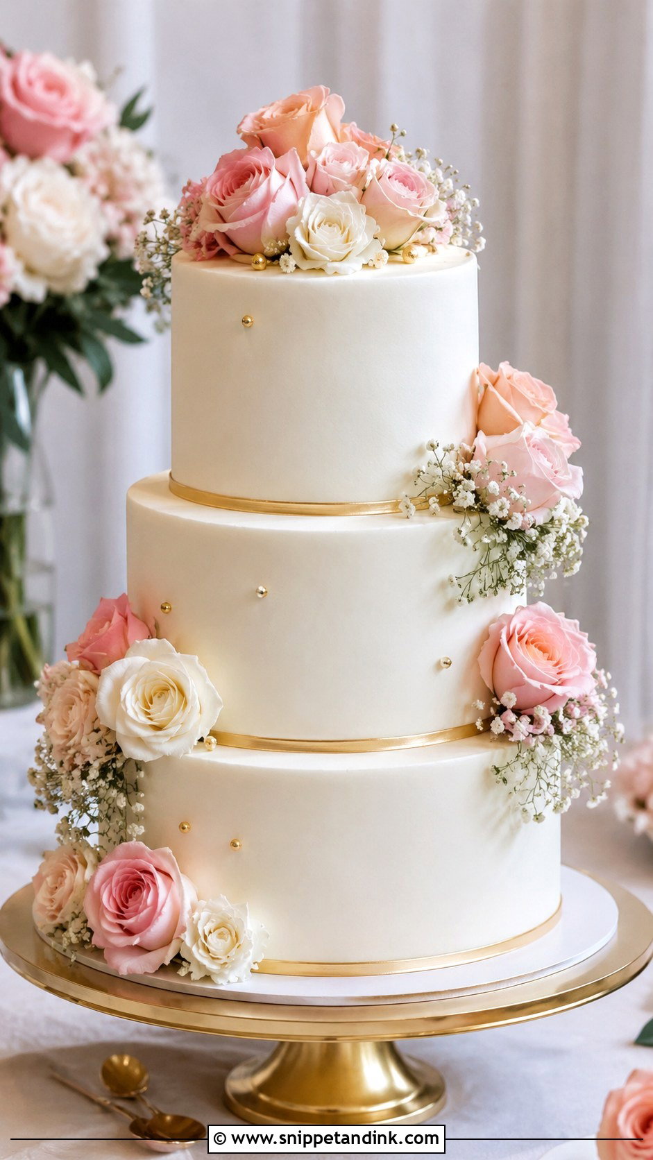 Pink White Gold Cake With Roses - Snippet and Ink - 20 Pink White Gold Cake Ideas for Wedding