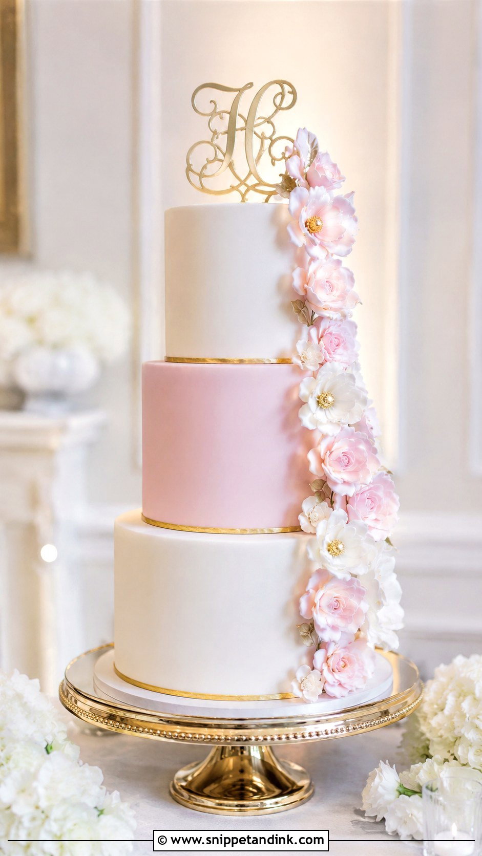 Pink White Gold Floral Wedding Cake - Snippet and Ink - 20 Pink White Gold Cake Ideas for Wedding