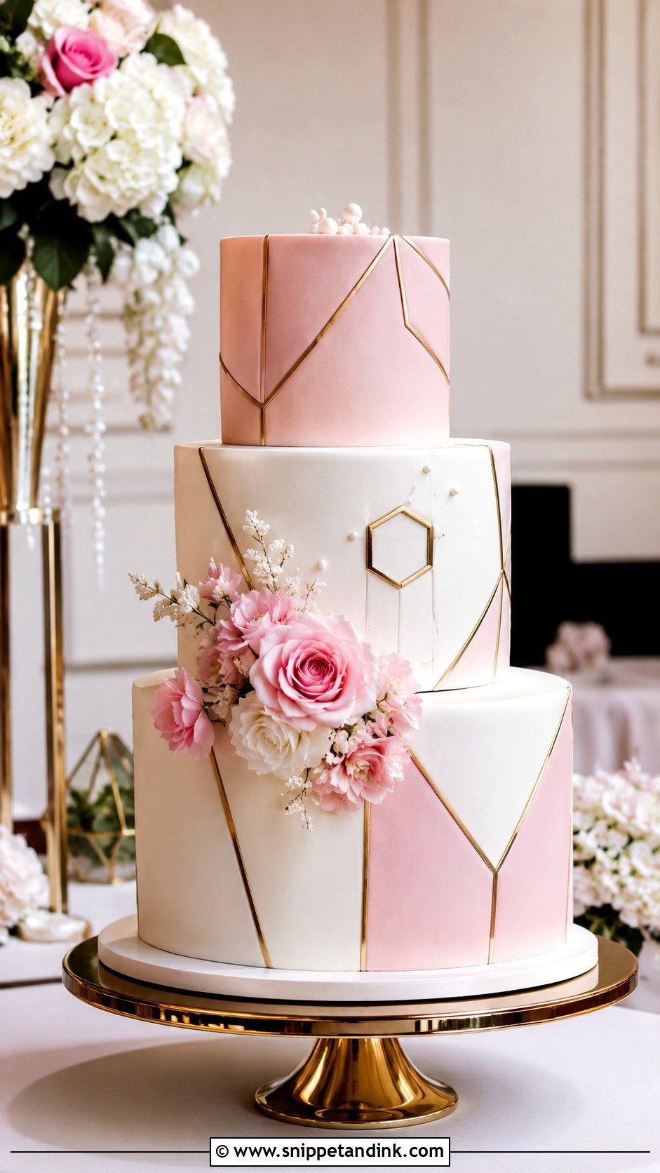 Pink White Gold Geometric Wedding Cake - Snippet and Ink - 20 Pink White Gold Cake Ideas for Wedding